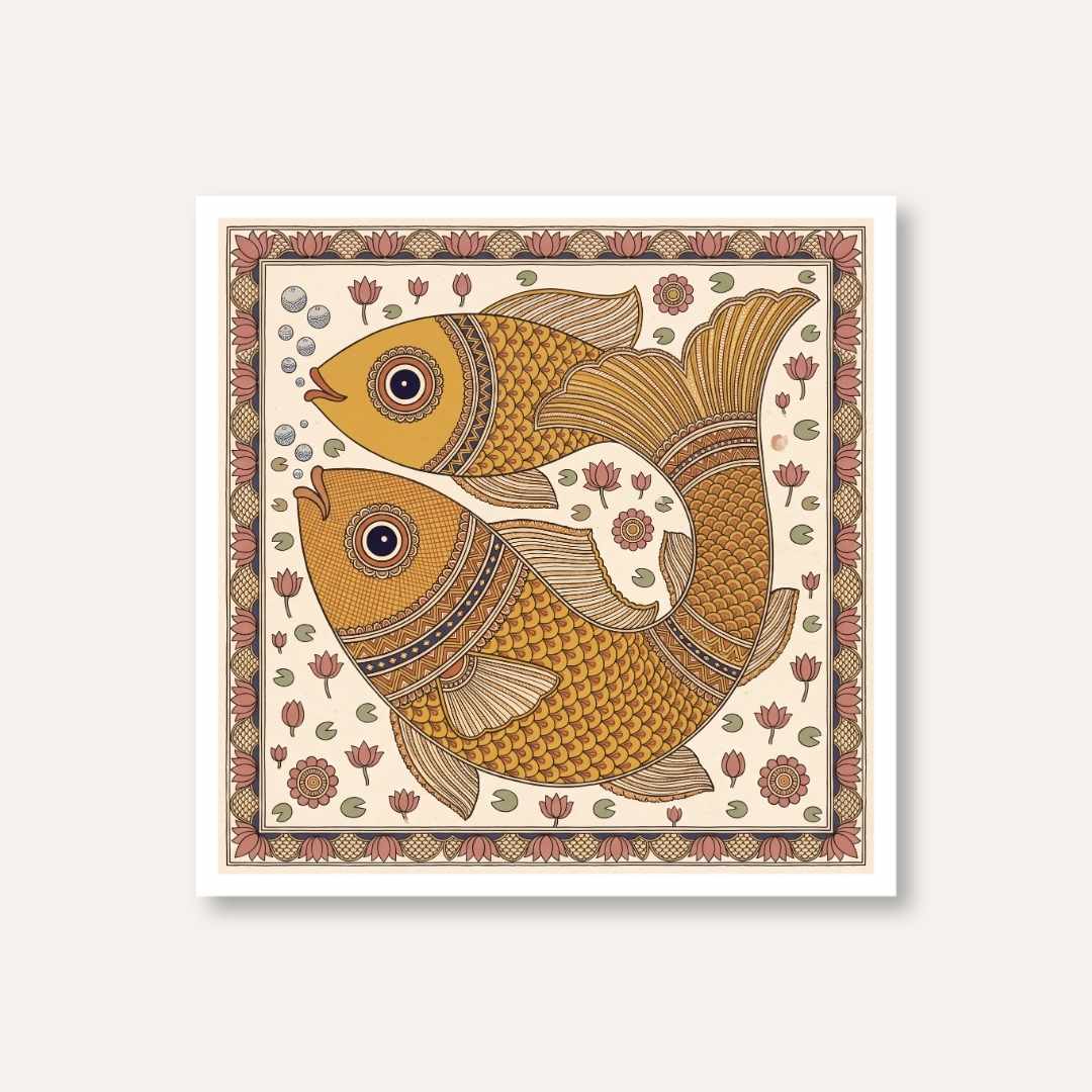 "Madhubani Golden Fish" Traditional Indian Folk Art Giclée Print | Fine Art Wall Art 1 : 1 Square Premium Wall Art Canvas by MeriDeewar