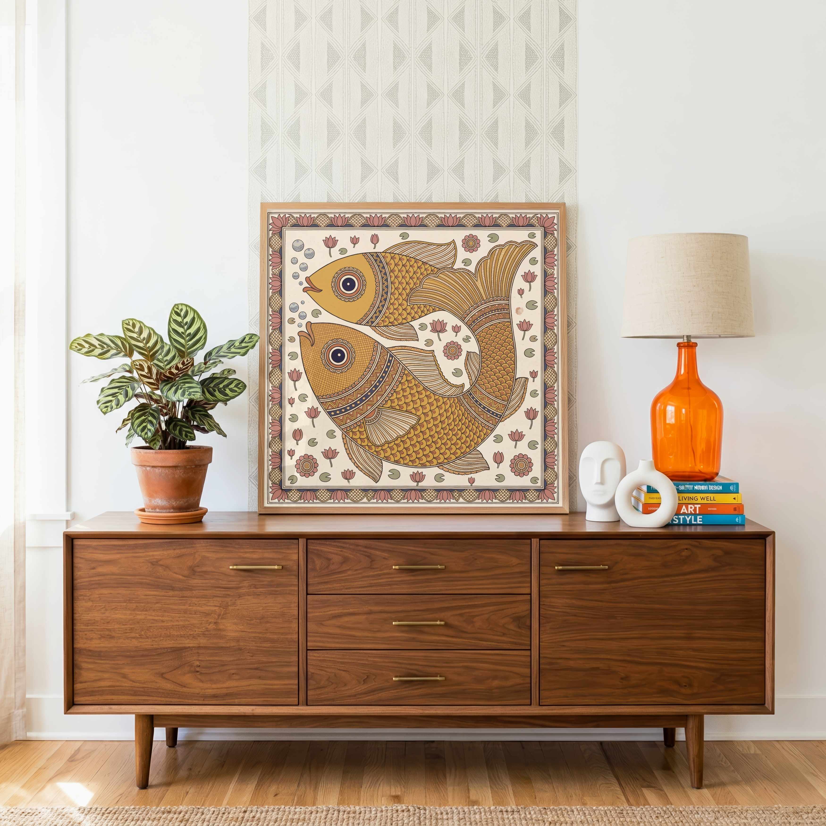 "Madhubani Golden Fish" Traditional Indian Folk Art Giclée Print | Fine Art Wall Art 1 : 1 Square Premium Wall Art Canvas by MeriDeewar