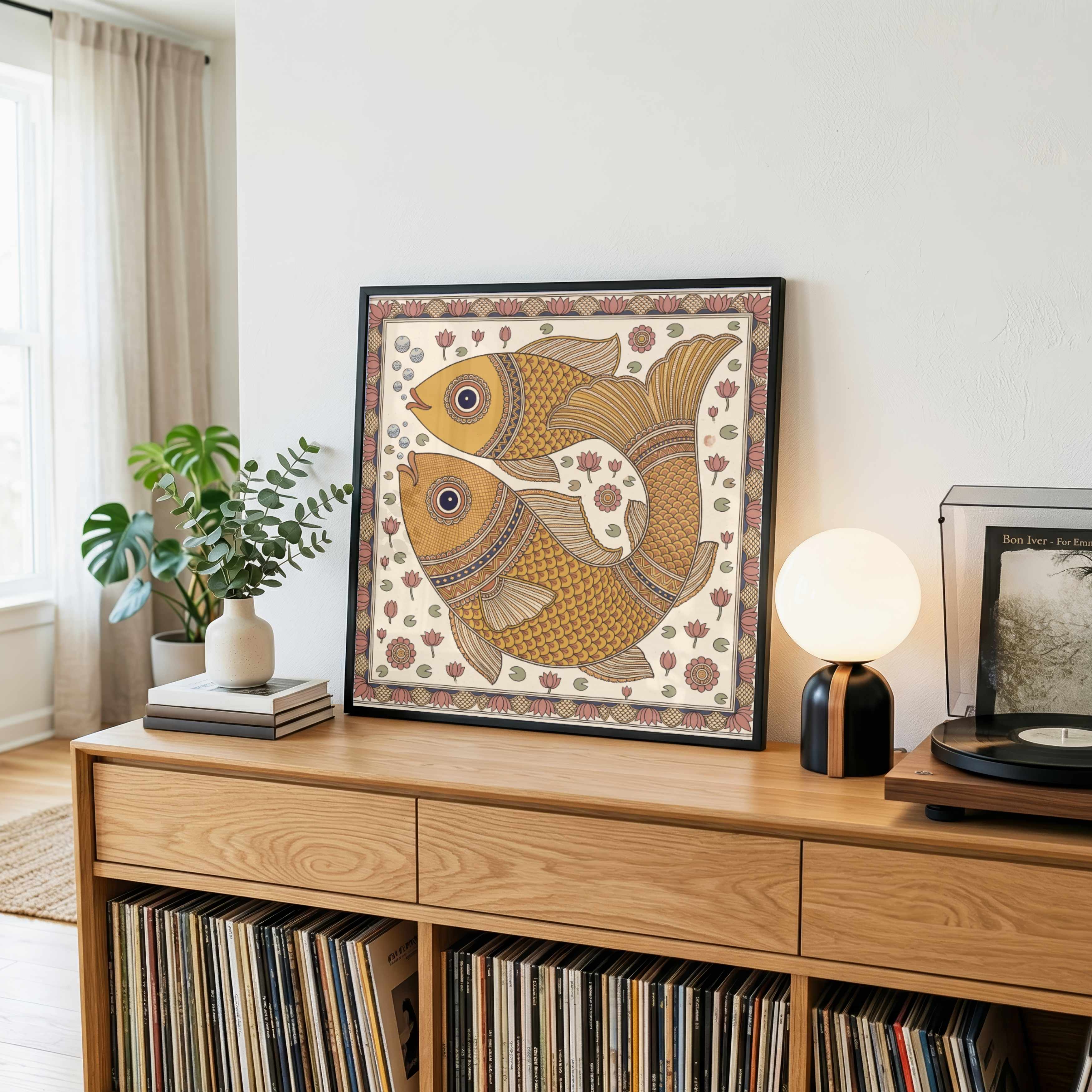 "Madhubani Golden Fish" Traditional Indian Folk Art Giclée Print | Fine Art Wall Art 1 : 1 Square Premium Wall Art Canvas by MeriDeewar
