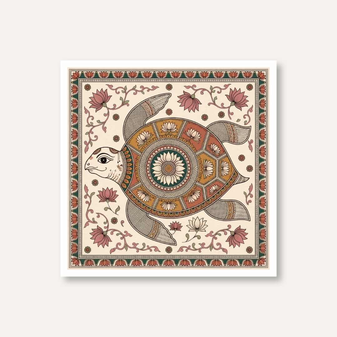 "Madhubani Golden Turtle" Traditional Indian Folk Art Giclée Print | Fine Art Wall Art 1 : 1 Square Premium Wall Art Canvas by MeriDeewar