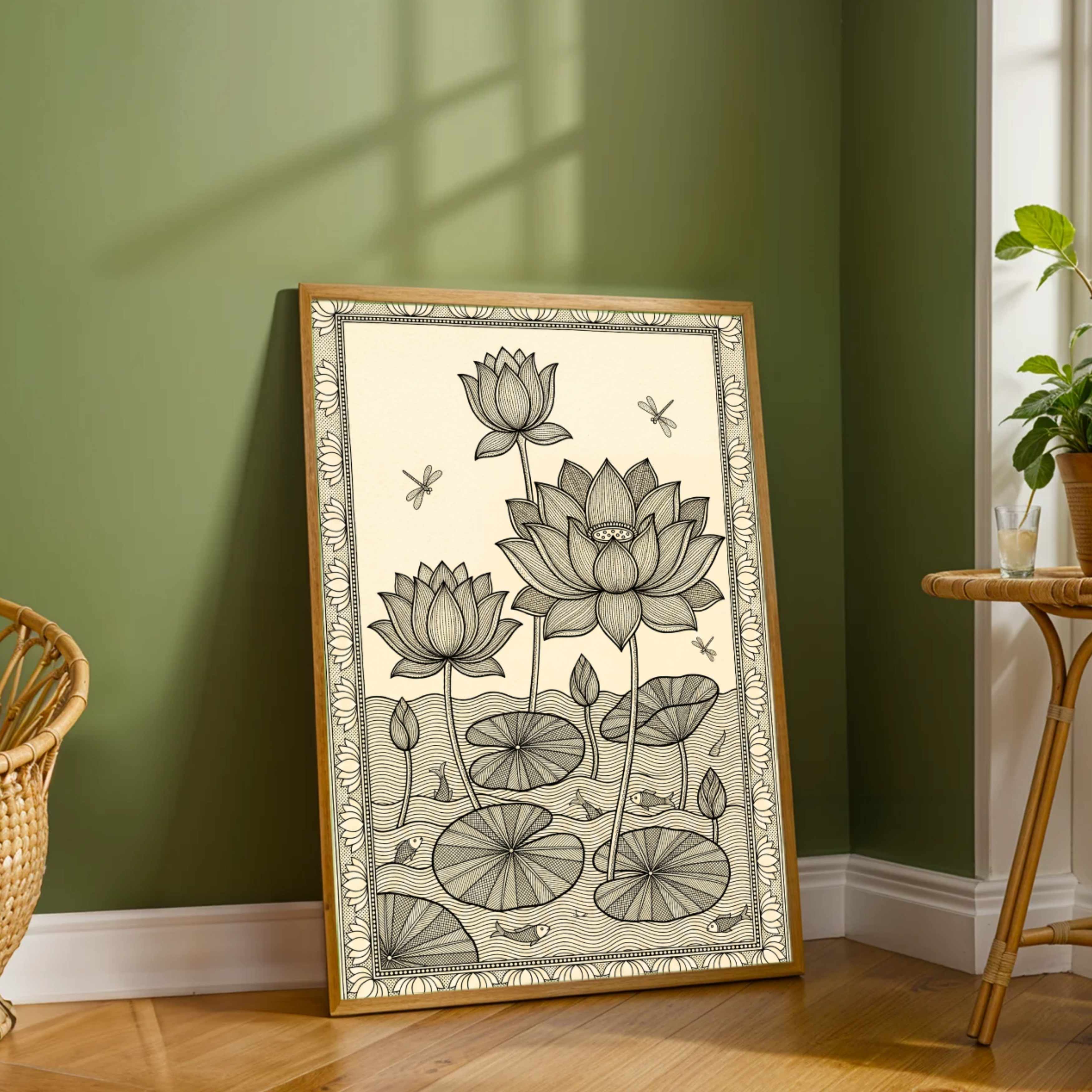 "Madhubani Lotus Pond" Traditional Indian Folk Art Giclée Print | Fine Art Wall Art 2 : 3 Vertical Premium Wall Art Canvas by MeriDeewar