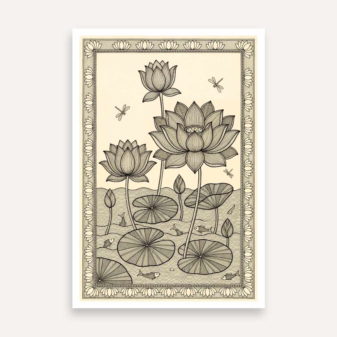 "Madhubani Lotus Pond" Traditional Indian Folk Art Giclée Print | Fine Art Wall Art 2 : 3 Vertical Premium Wall Art Canvas by MeriDeewar