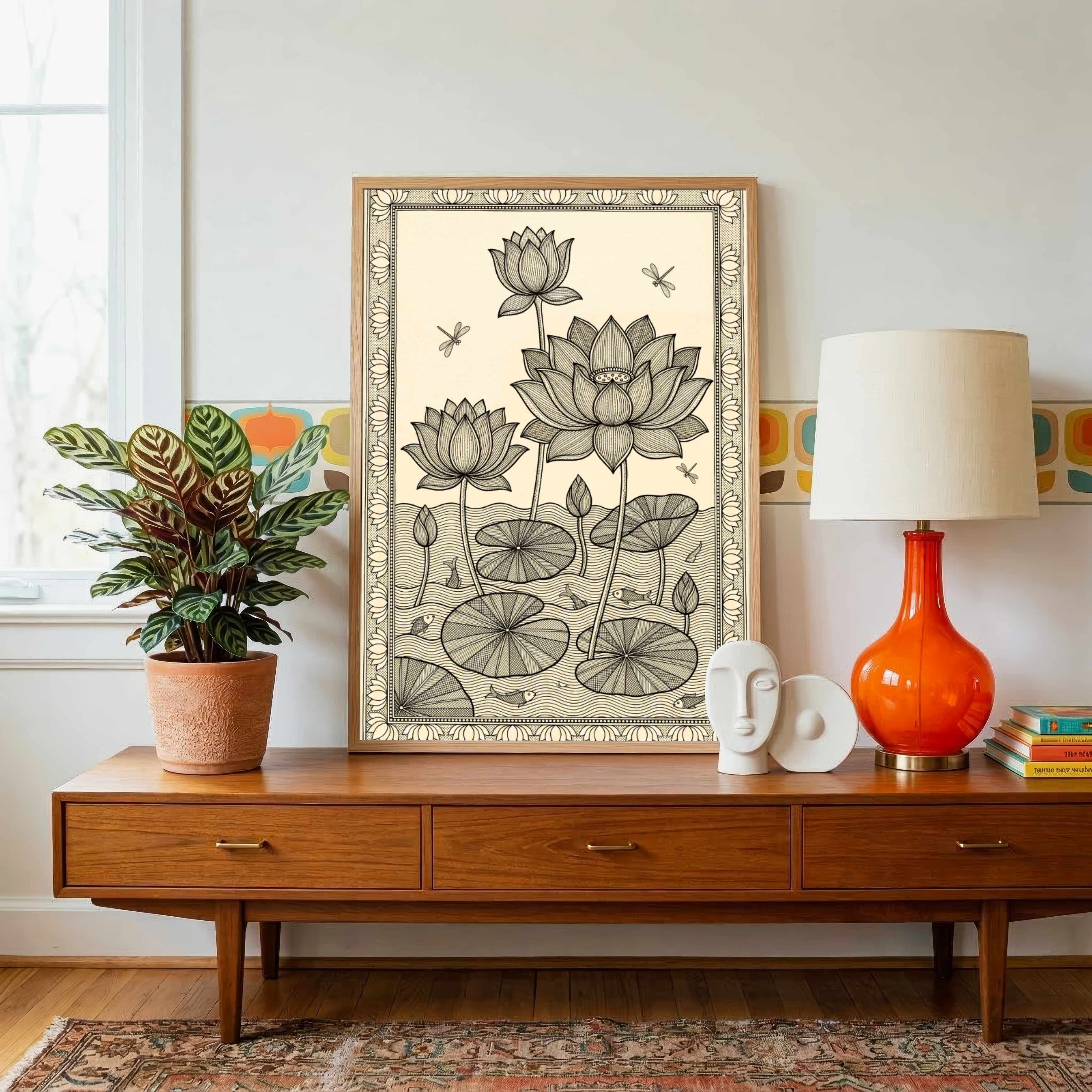 "Madhubani Lotus Pond" Traditional Indian Folk Art Giclée Print | Fine Art Wall Art 2 : 3 Vertical Premium Wall Art Canvas by MeriDeewar