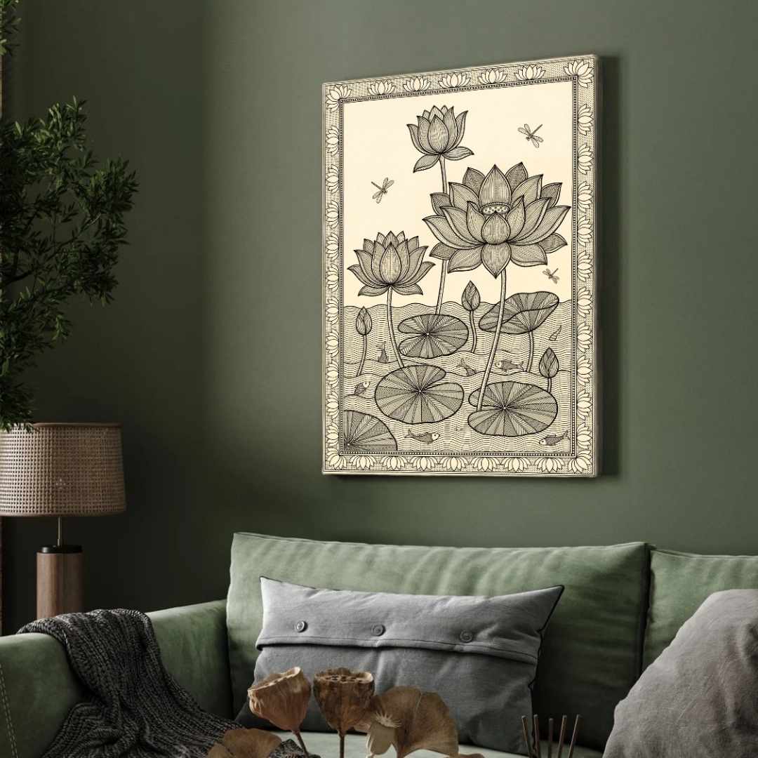 "Madhubani Lotus Pond" Traditional Indian Folk Art Giclée Print | Fine Art Wall Art 2 : 3 Vertical Premium Wall Art Canvas by MeriDeewar