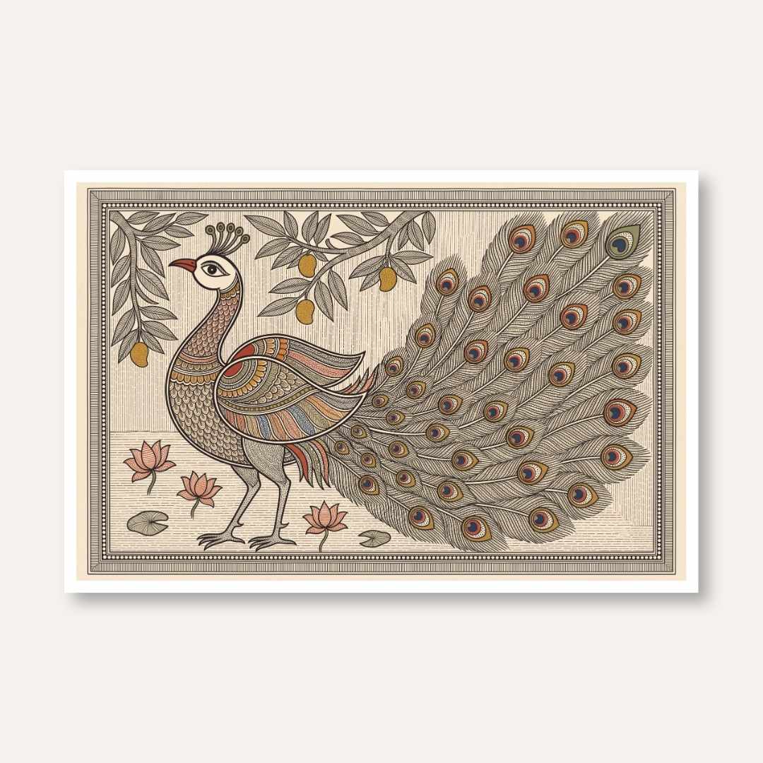 "Madhubani Majestic Peacock" Traditional Indian Folk Art Giclée Print | Fine Art Wall Art 3 : 2 Horizontal Premium Wall Art Canvas by MeriDeewar