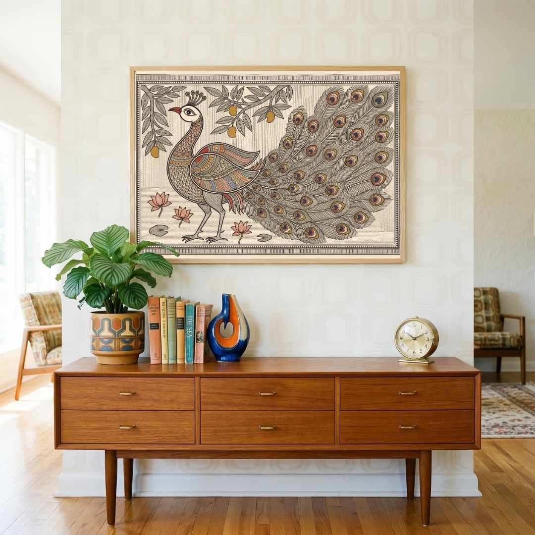 "Madhubani Majestic Peacock" Traditional Indian Folk Art Giclée Print | Fine Art Wall Art 3 : 2 Horizontal Premium Wall Art Canvas by MeriDeewar