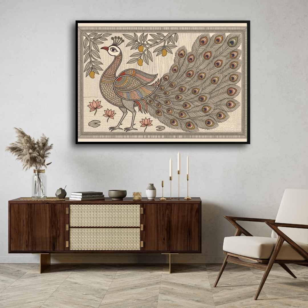 "Madhubani Majestic Peacock" Traditional Indian Folk Art Giclée Print | Fine Art Wall Art 3 : 2 Horizontal Premium Wall Art Canvas by MeriDeewar