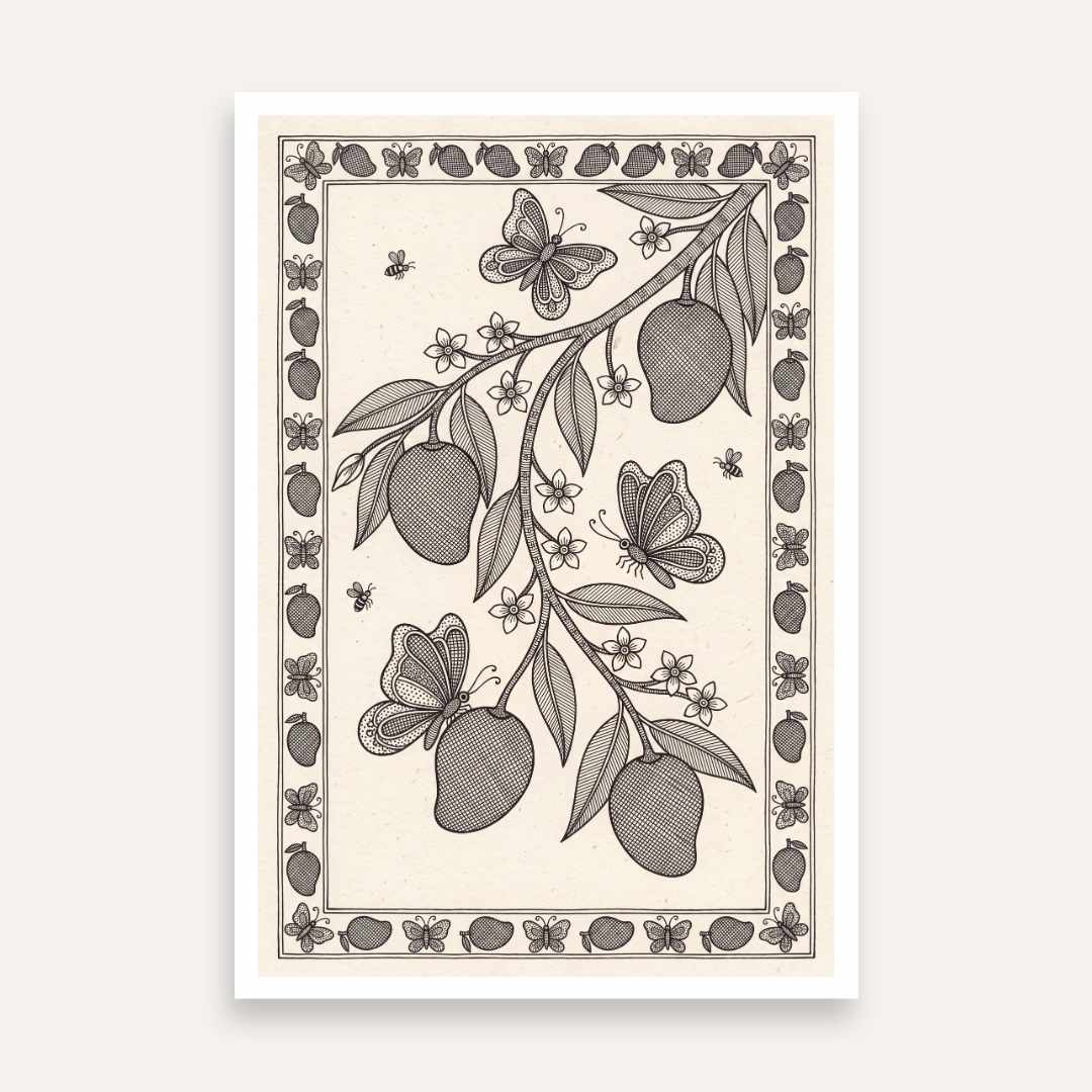 "Madhubani Mango Orchard" Traditional Indian Folk Art Giclée Print | Fine Art Wall Art 2 : 3 Vertical Premium Wall Art Canvas by MeriDeewar