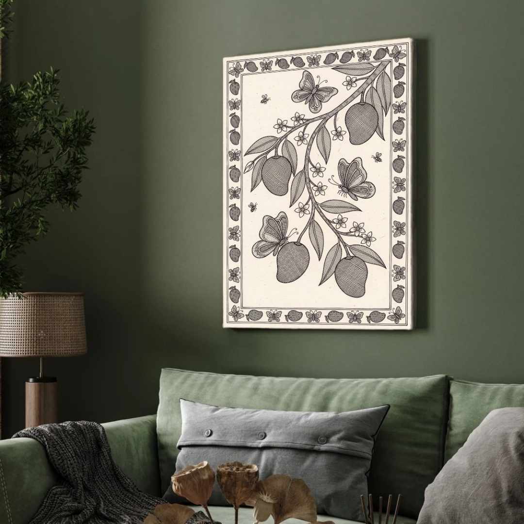 "Madhubani Mango Orchard" Traditional Indian Folk Art Giclée Print | Fine Art Wall Art 2 : 3 Vertical Premium Wall Art Canvas by MeriDeewar