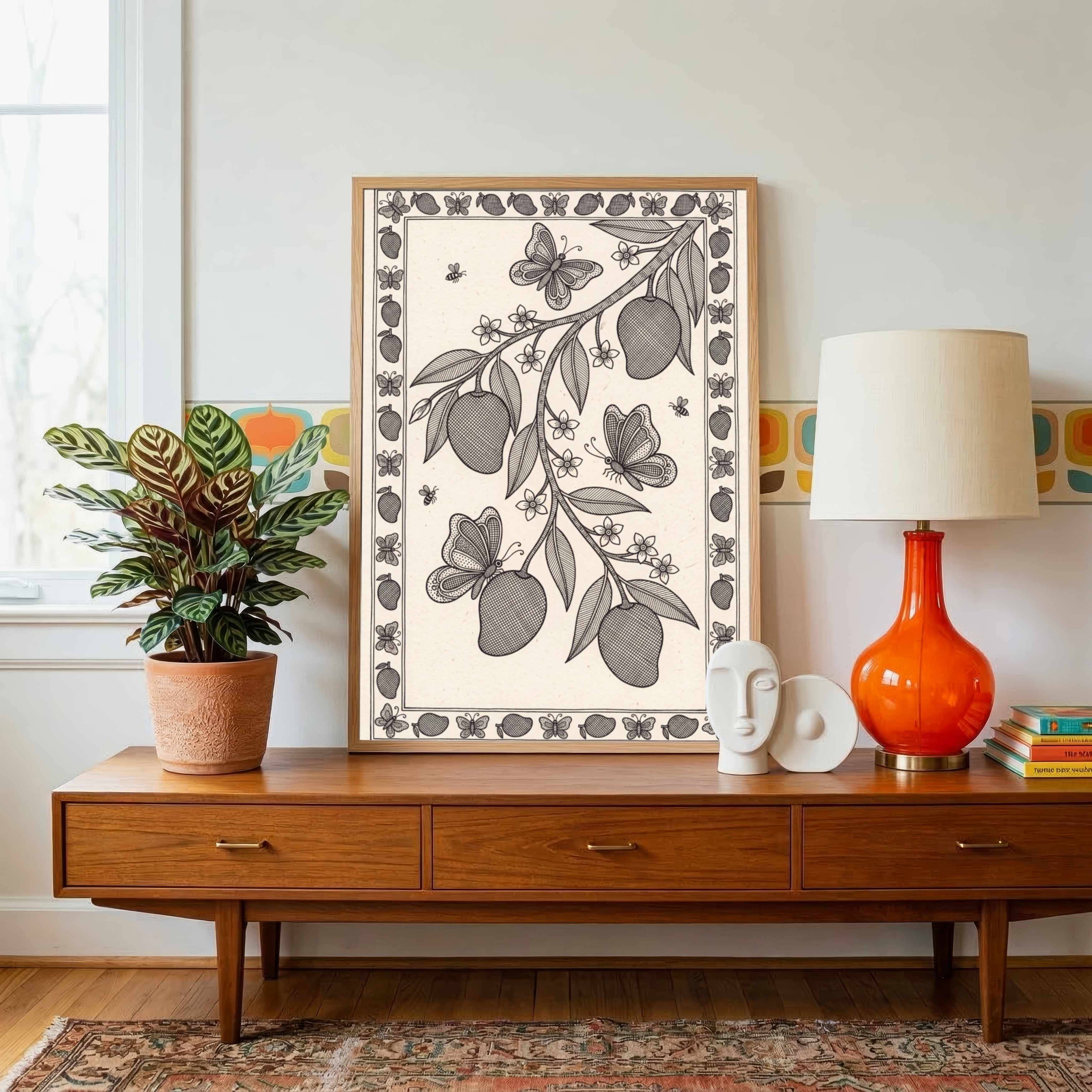 "Madhubani Mango Orchard" Traditional Indian Folk Art Giclée Print | Fine Art Wall Art 2 : 3 Vertical Premium Wall Art Canvas by MeriDeewar