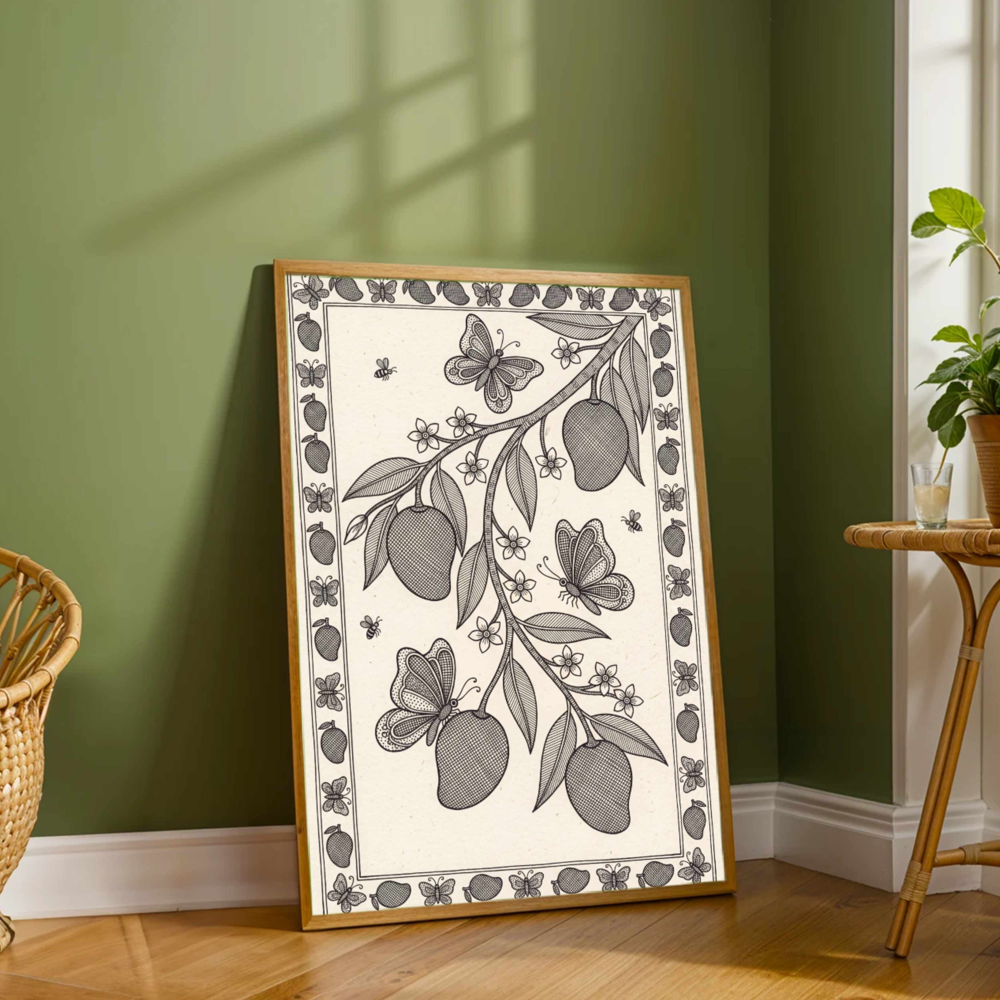 "Madhubani Mango Orchard" Traditional Indian Folk Art Giclée Print | Fine Art Wall Art 2 : 3 Vertical Premium Wall Art Canvas by MeriDeewar