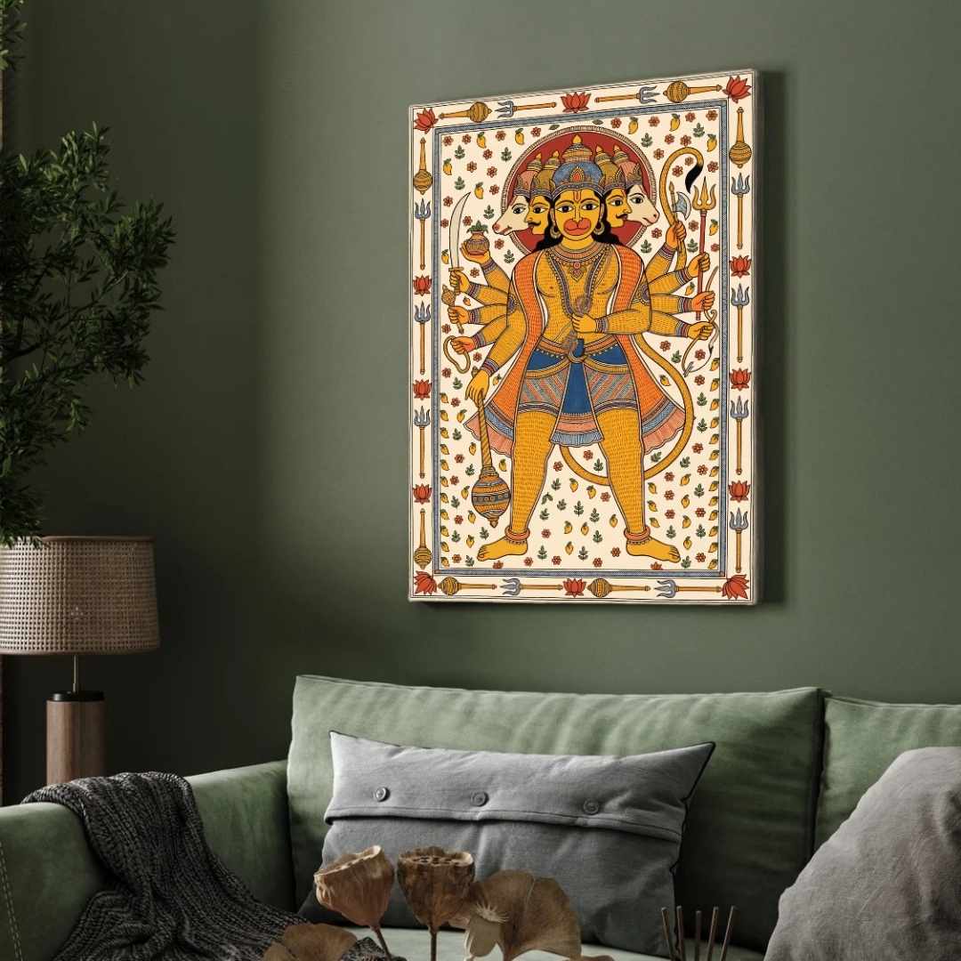 "Madhubani Panchamukhi Hanuman" Traditional Indian Folk Art Giclée Print | Fine Art Wall Art 2 : 3 Vertical Premium Wall Art Canvas by MeriDeewar