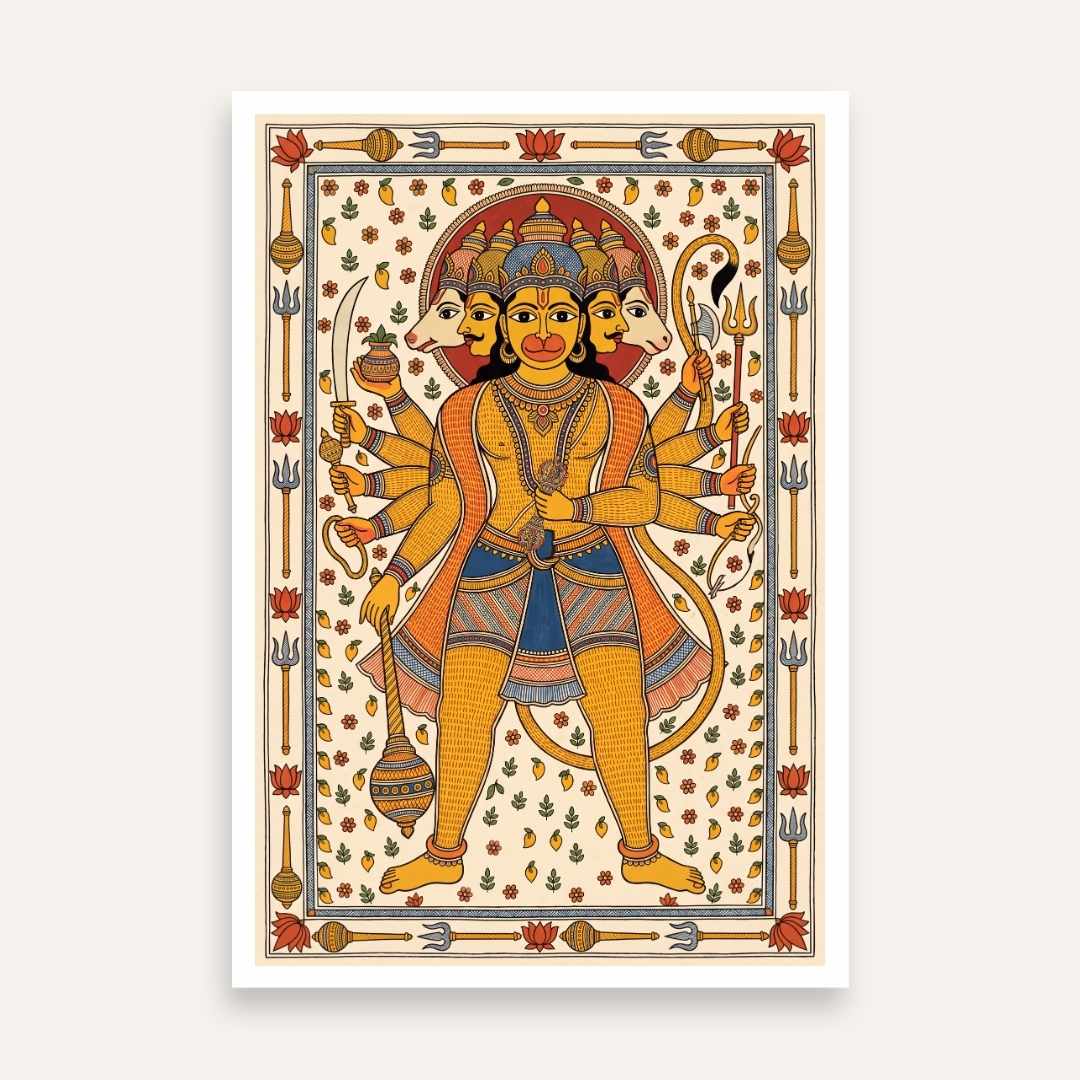 "Madhubani Panchamukhi Hanuman" Traditional Indian Folk Art Giclée Print | Fine Art Wall Art 2 : 3 Vertical Premium Wall Art Canvas by MeriDeewar