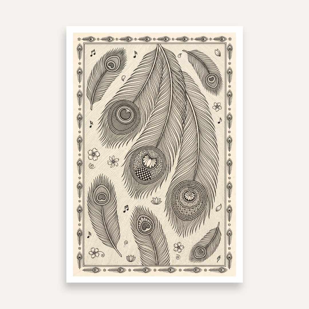 "Madhubani Peacock Feathers" Traditional Indian Folk Art Giclée Print | Fine Art Wall Art 2 : 3 Vertical Premium Wall Art Canvas by MeriDeewar