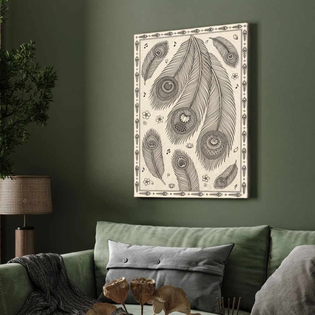 "Madhubani Peacock Feathers" Traditional Indian Folk Art Giclée Print | Fine Art Wall Art 2 : 3 Vertical Premium Wall Art Canvas by MeriDeewar