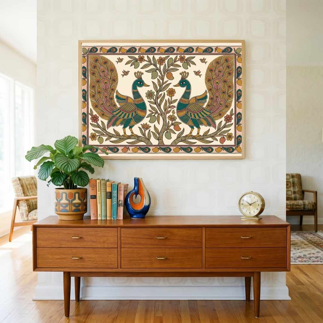 "Madhubani Peacocks" Traditional Indian Folk Art Giclée Print | Fine Art Wall Art 3 : 2 Horizontal Premium Wall Art Canvas by MeriDeewar
