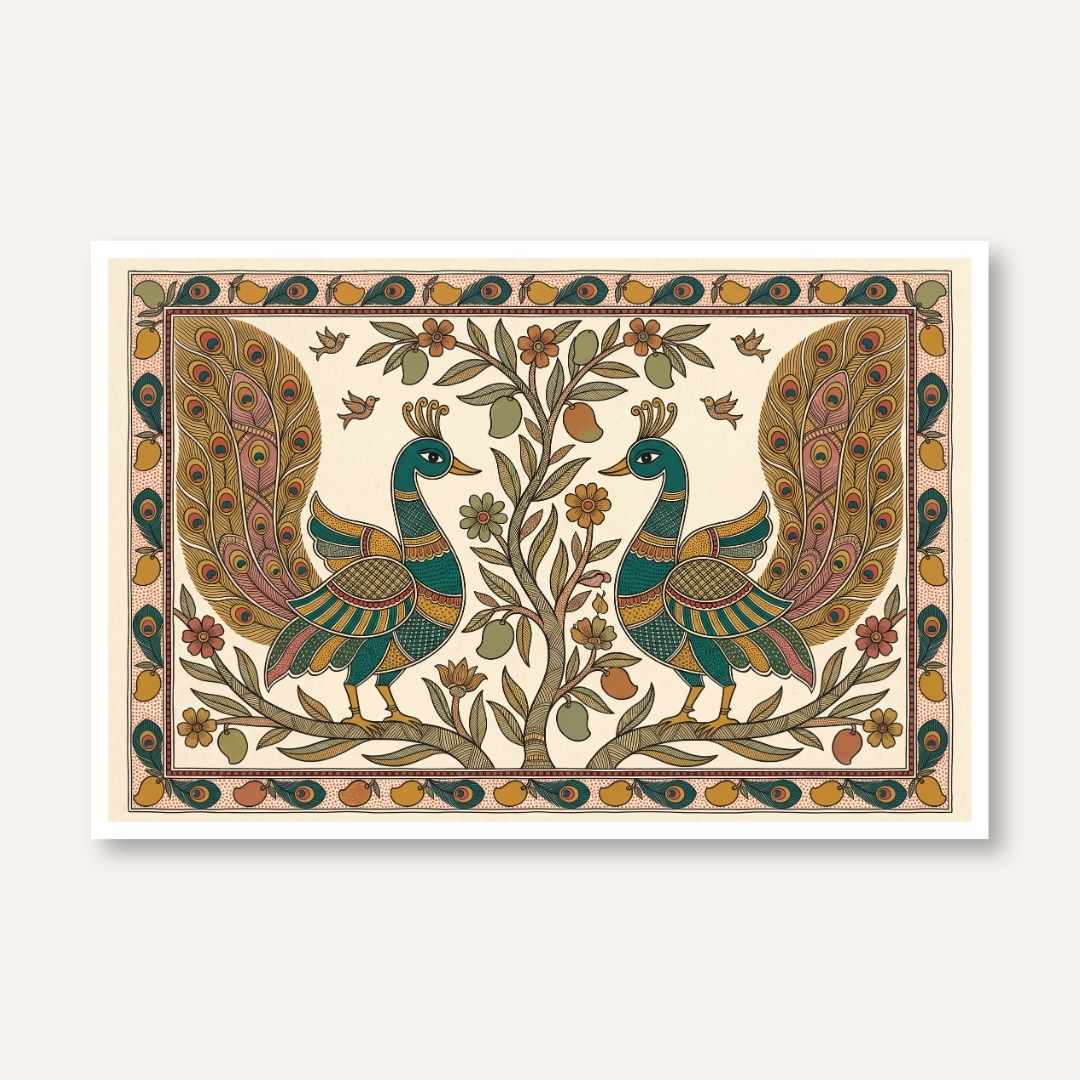"Madhubani Peacocks" Traditional Indian Folk Art Giclée Print | Fine Art Wall Art 3 : 2 Horizontal Premium Wall Art Canvas by MeriDeewar