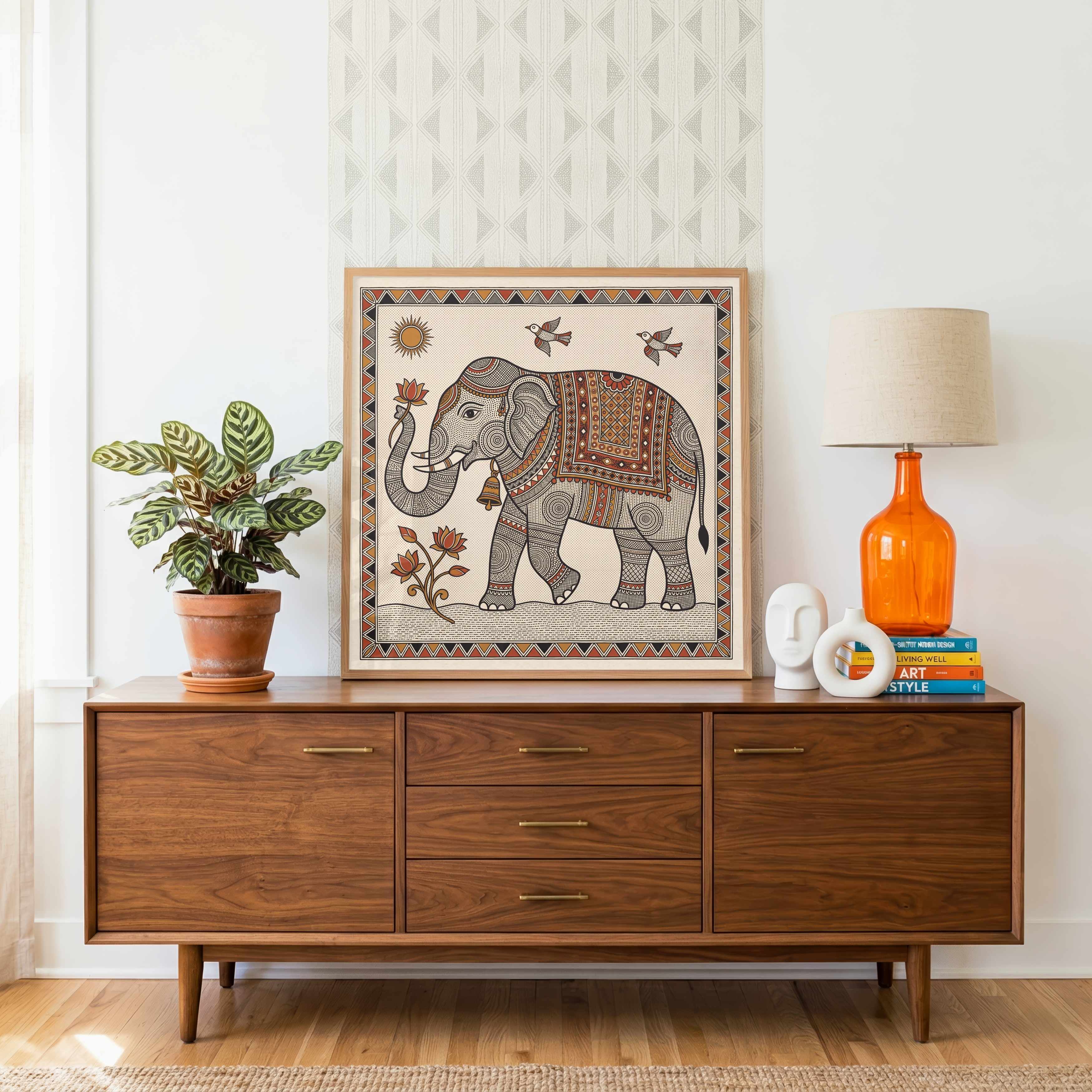 "Madhubani Royal Elephant" Traditional Indian Folk Art Giclée Print | Fine Art Wall Art 1 : 1 Square Premium Wall Art Canvas by MeriDeewar