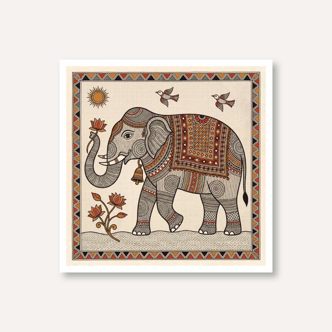 "Madhubani Royal Elephant" Traditional Indian Folk Art Giclée Print | Fine Art Wall Art 1 : 1 Square Premium Wall Art Canvas by MeriDeewar