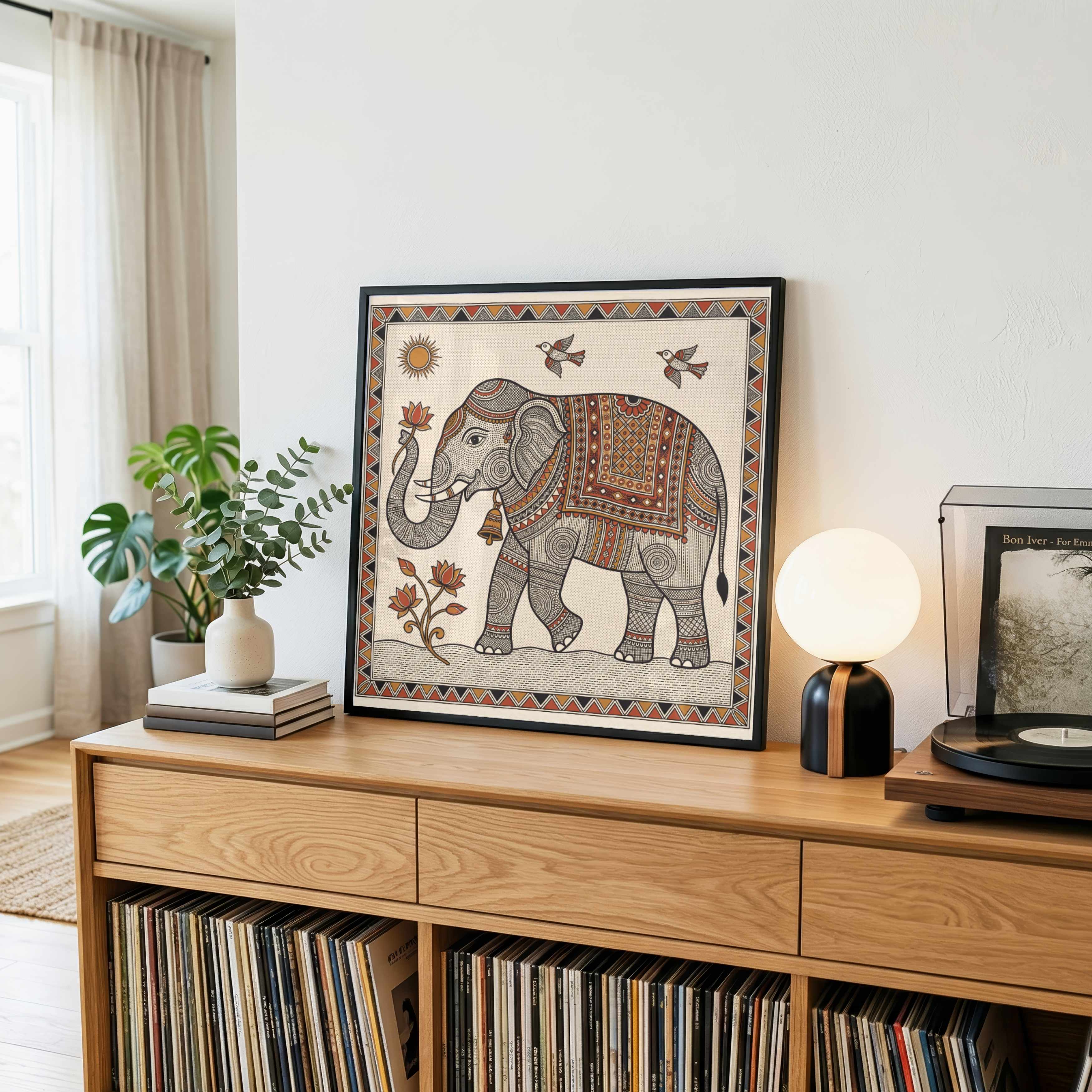 "Madhubani Royal Elephant" Traditional Indian Folk Art Giclée Print | Fine Art Wall Art 1 : 1 Square Premium Wall Art Canvas by MeriDeewar