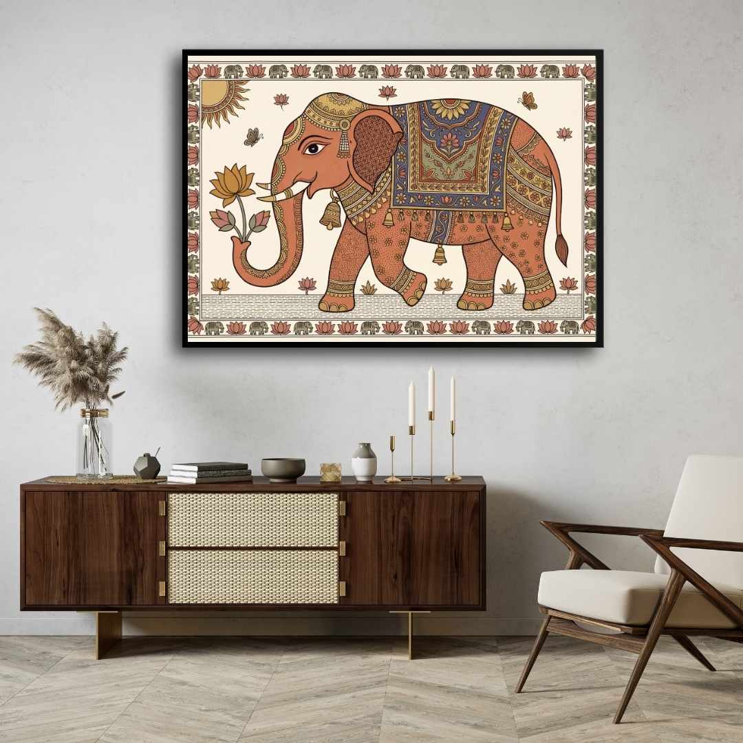 "Madhubani Royal Elephant" Traditional Indian Folk Art Giclée Print | Fine Art Wall Art 3 : 2 Horizontal Premium Wall Art Canvas by MeriDeewar