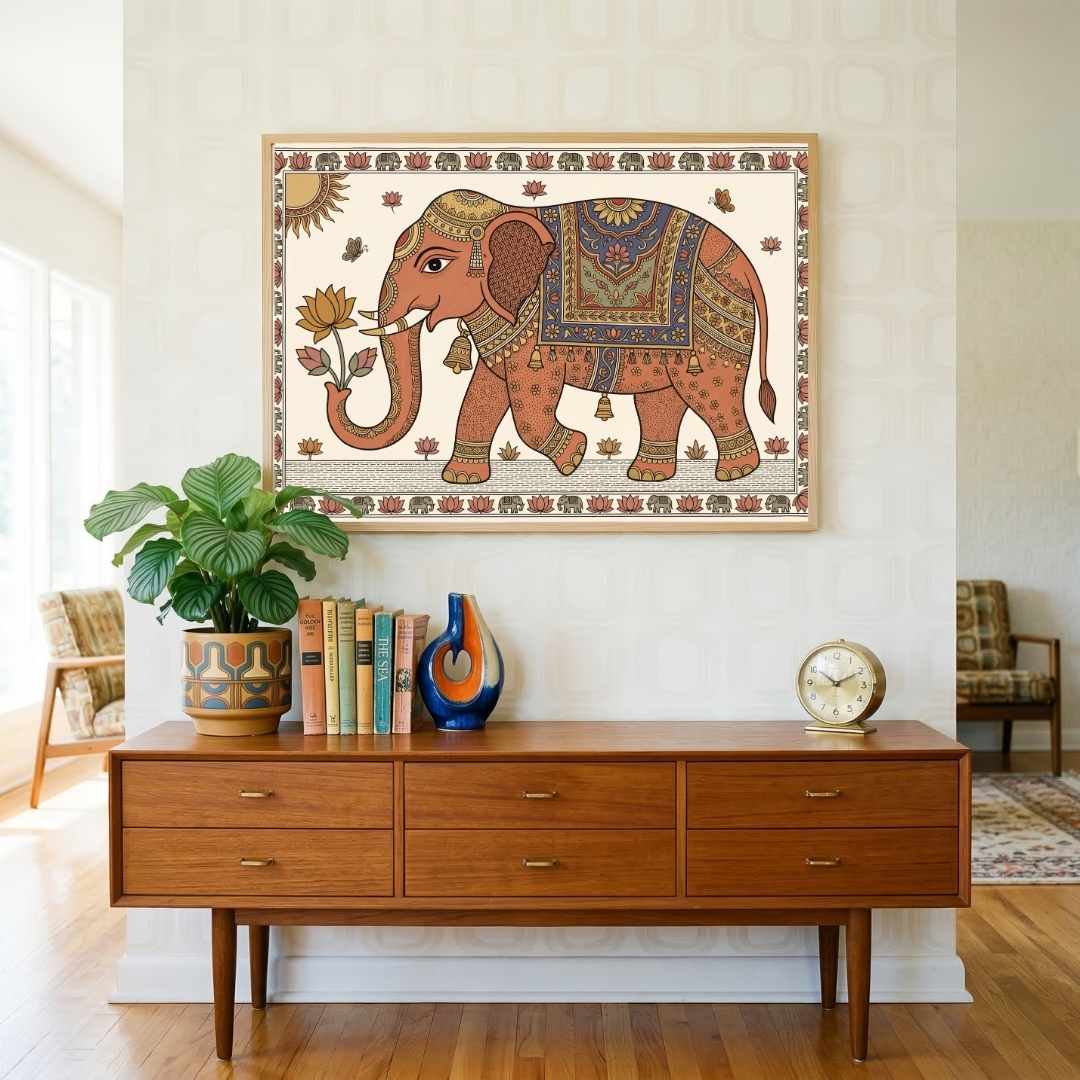 "Madhubani Royal Elephant" Traditional Indian Folk Art Giclée Print | Fine Art Wall Art 3 : 2 Horizontal Premium Wall Art Canvas by MeriDeewar