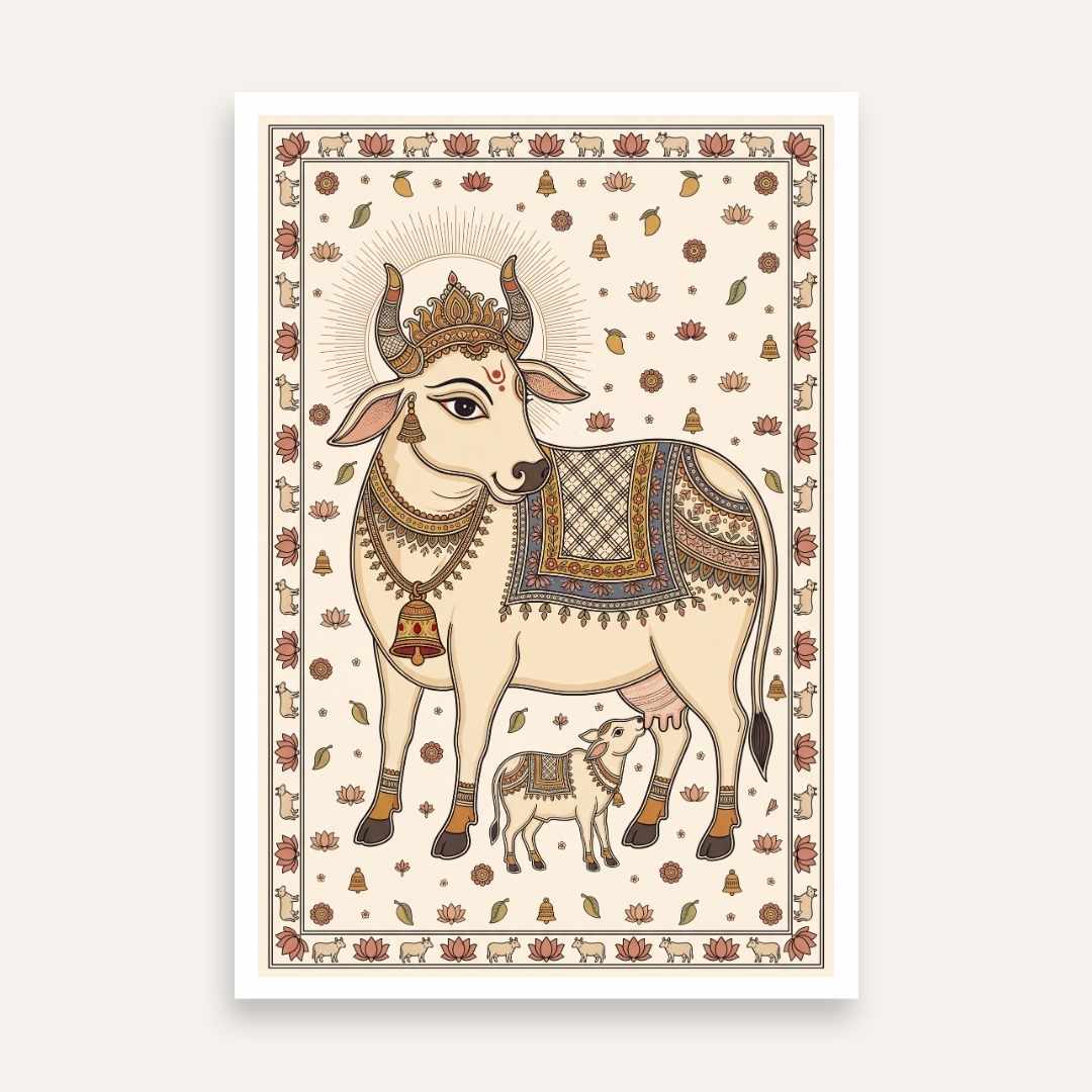 "Madhubani Sacred Cow and Calf" Traditional Indian Folk Art Giclée Print | Fine Art Wall Art 2 : 3 Vertical Premium Wall Art Canvas by MeriDeewar