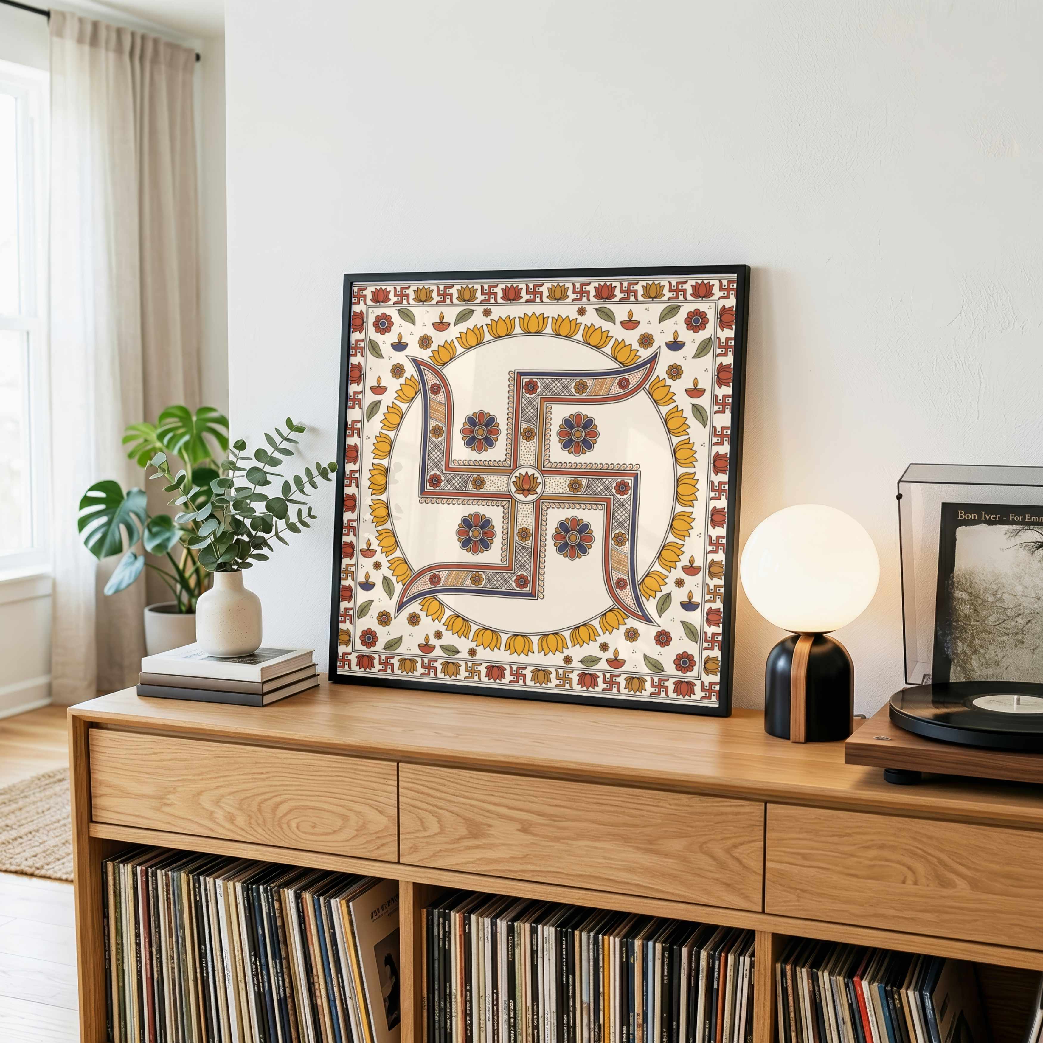 "Madhubani Sacred Swastika" Traditional Indian Folk Art Giclée Print | Fine Art Wall Art 1 : 1 Square Premium Wall Art Canvas by MeriDeewar
