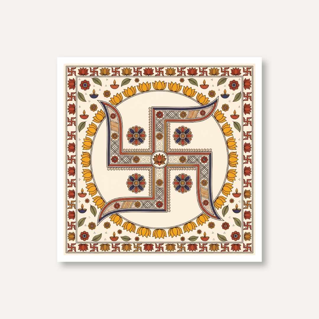 "Madhubani Sacred Swastika" Traditional Indian Folk Art Giclée Print | Fine Art Wall Art 1 : 1 Square Premium Wall Art Canvas by MeriDeewar