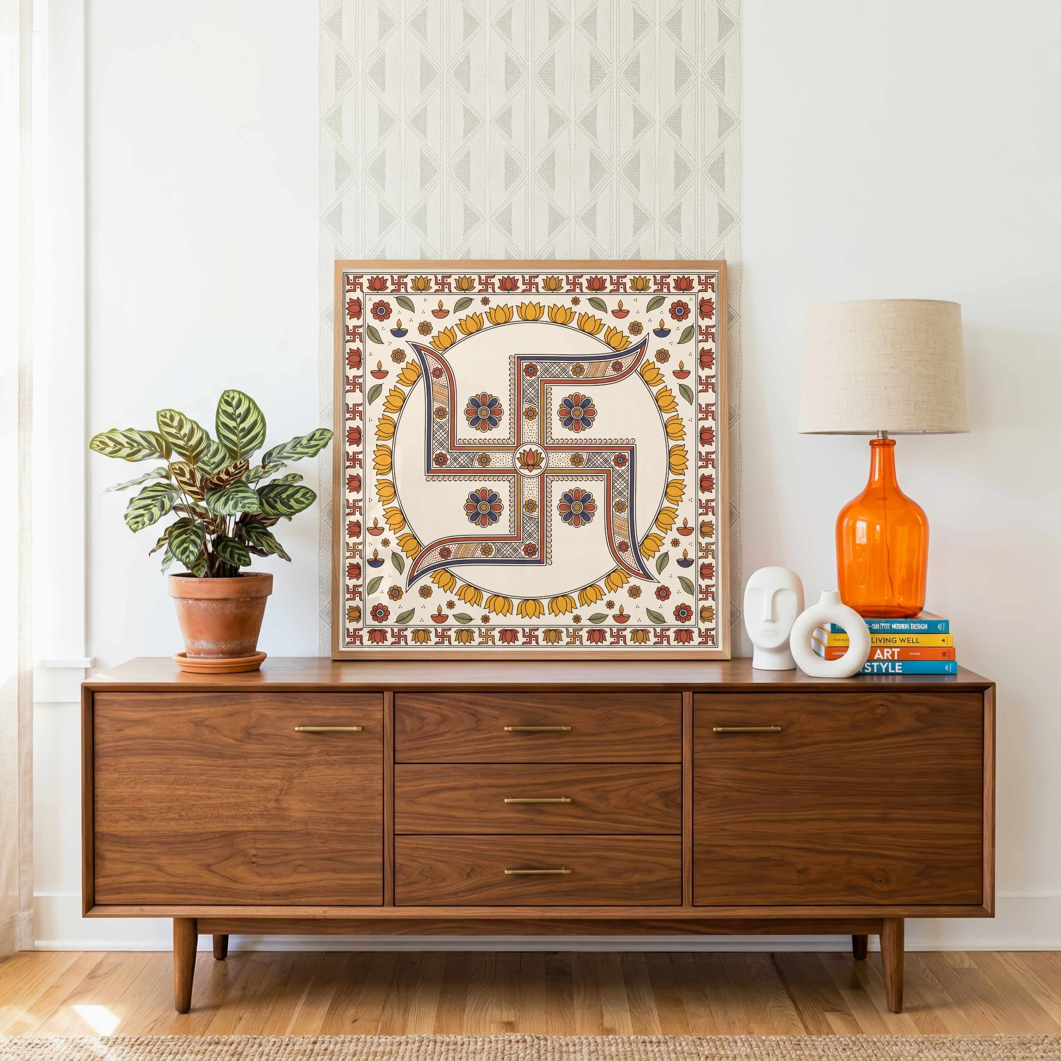 "Madhubani Sacred Swastika" Traditional Indian Folk Art Giclée Print | Fine Art Wall Art 1 : 1 Square Premium Wall Art Canvas by MeriDeewar