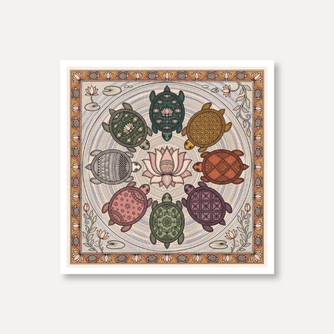"Madhubani Sacred Turtles" Traditional Indian Folk Art Giclée Print | Fine Art Wall Art 1 : 1 Square Premium Wall Art Canvas by MeriDeewar