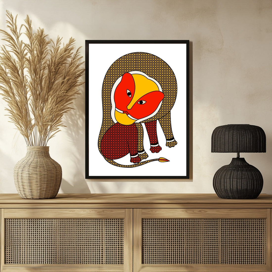 Madhubani Tiger Art - Colorful Indian Wall Décor 3 : 4 Vertical New Premium Wall Art Canvas by MeriDeewar
