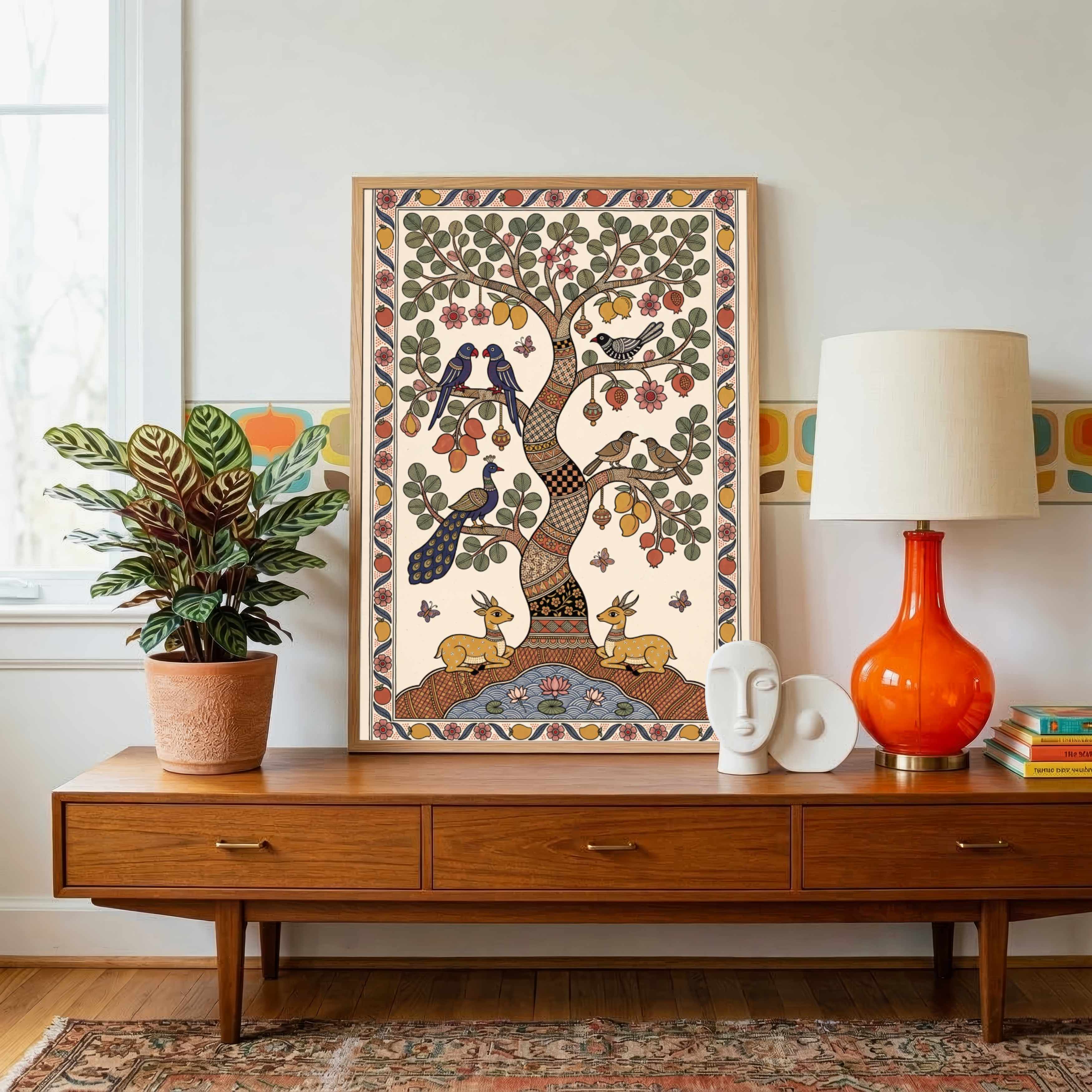 "Madhubani Tree of Life" Traditional Indian Folk Art Giclée Print | Fine Art Wall Art 2 : 3 Vertical Premium Wall Art Canvas by MeriDeewar