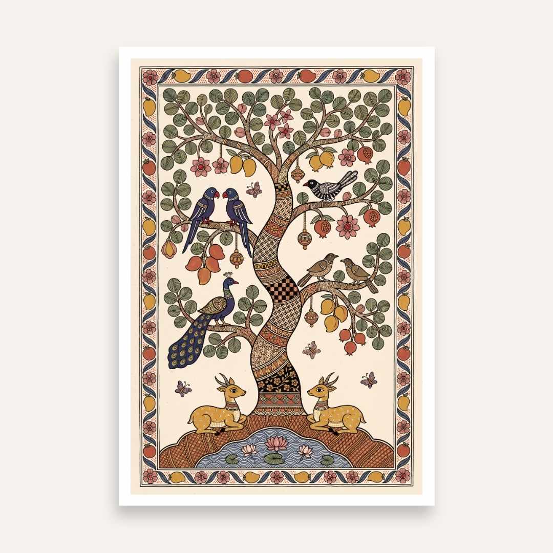 "Madhubani Tree of Life" Traditional Indian Folk Art Giclée Print | Fine Art Wall Art 2 : 3 Vertical Premium Wall Art Canvas by MeriDeewar