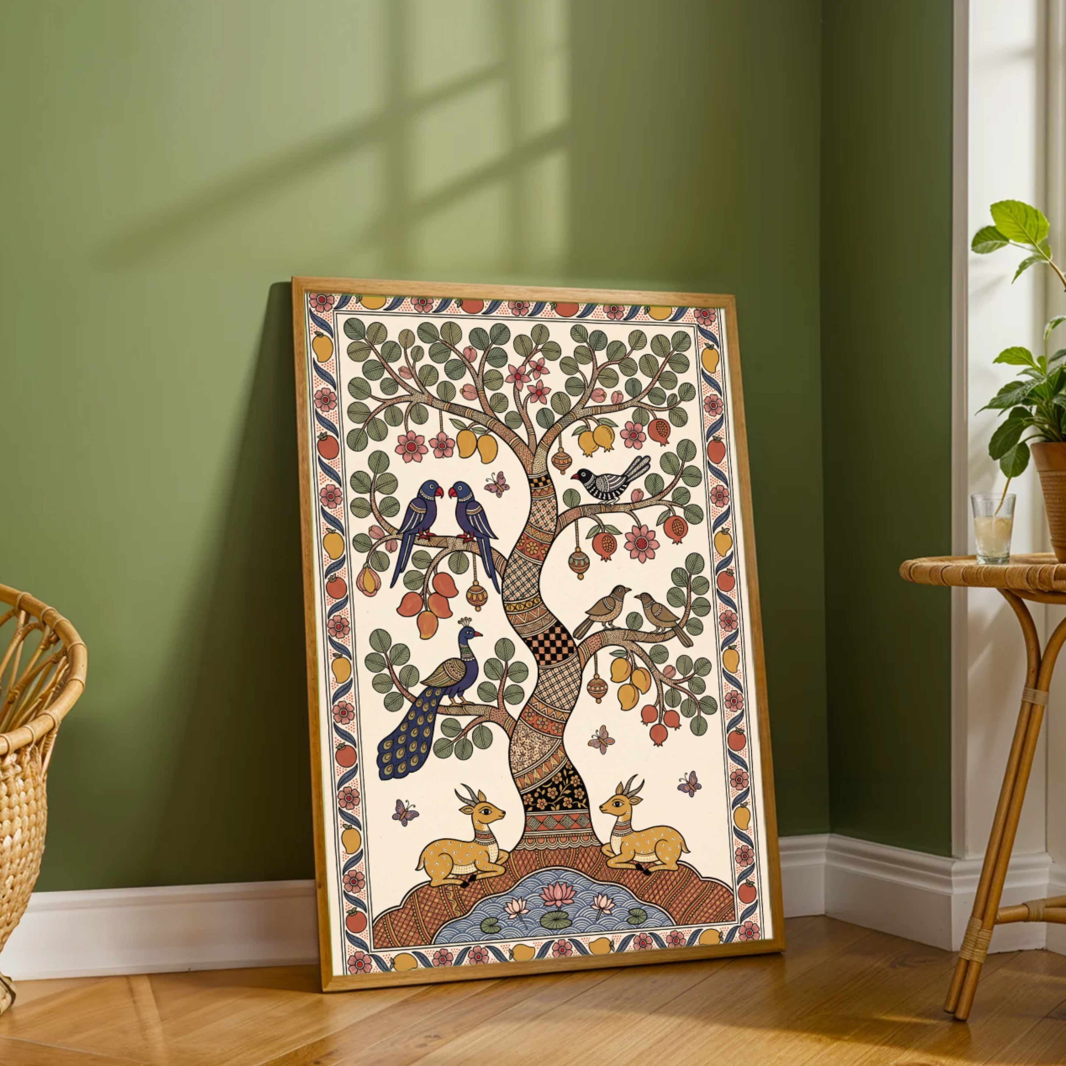"Madhubani Tree of Life" Traditional Indian Folk Art Giclée Print | Fine Art Wall Art 2 : 3 Vertical Premium Wall Art Canvas by MeriDeewar