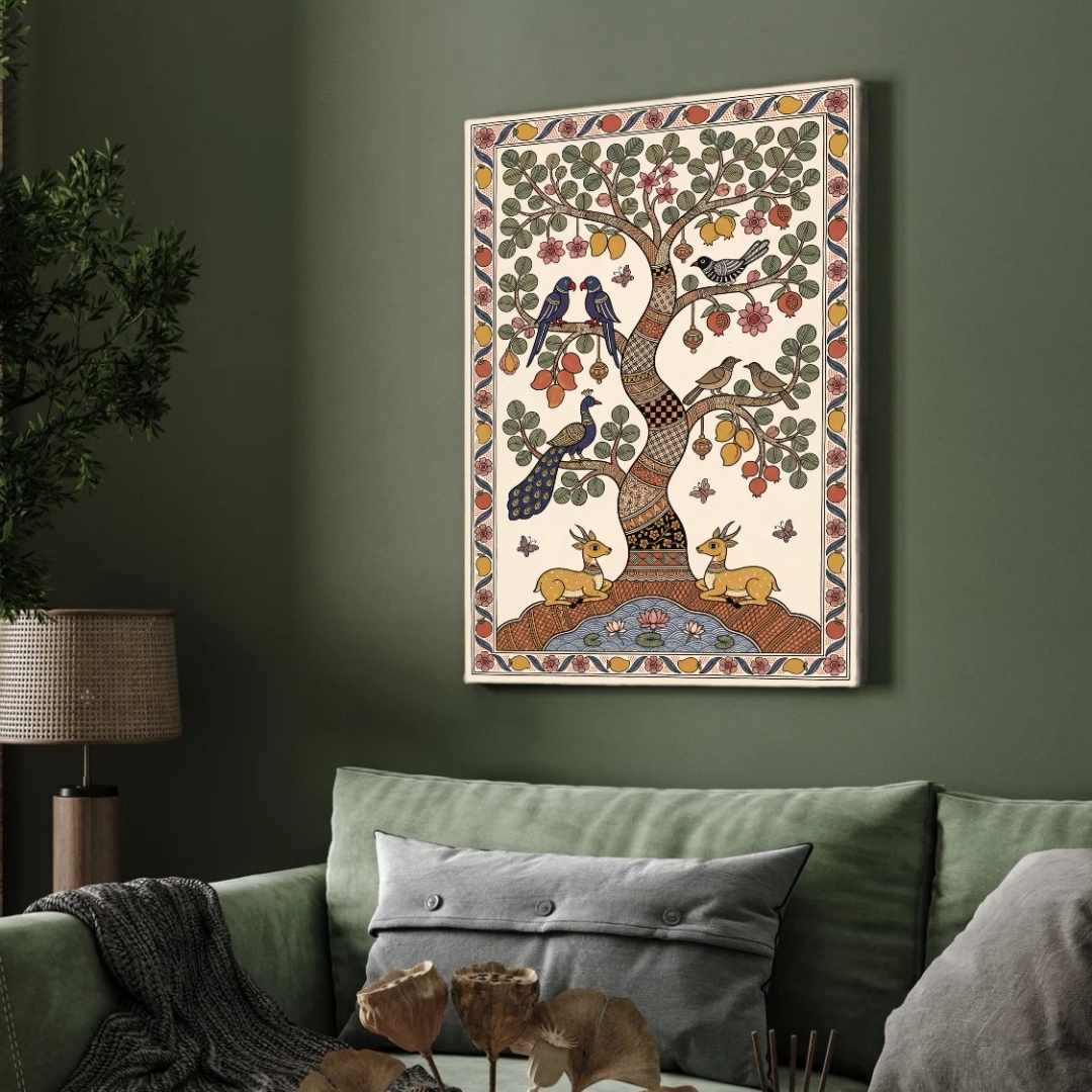 "Madhubani Tree of Life" Traditional Indian Folk Art Giclée Print | Fine Art Wall Art 2 : 3 Vertical Premium Wall Art Canvas by MeriDeewar
