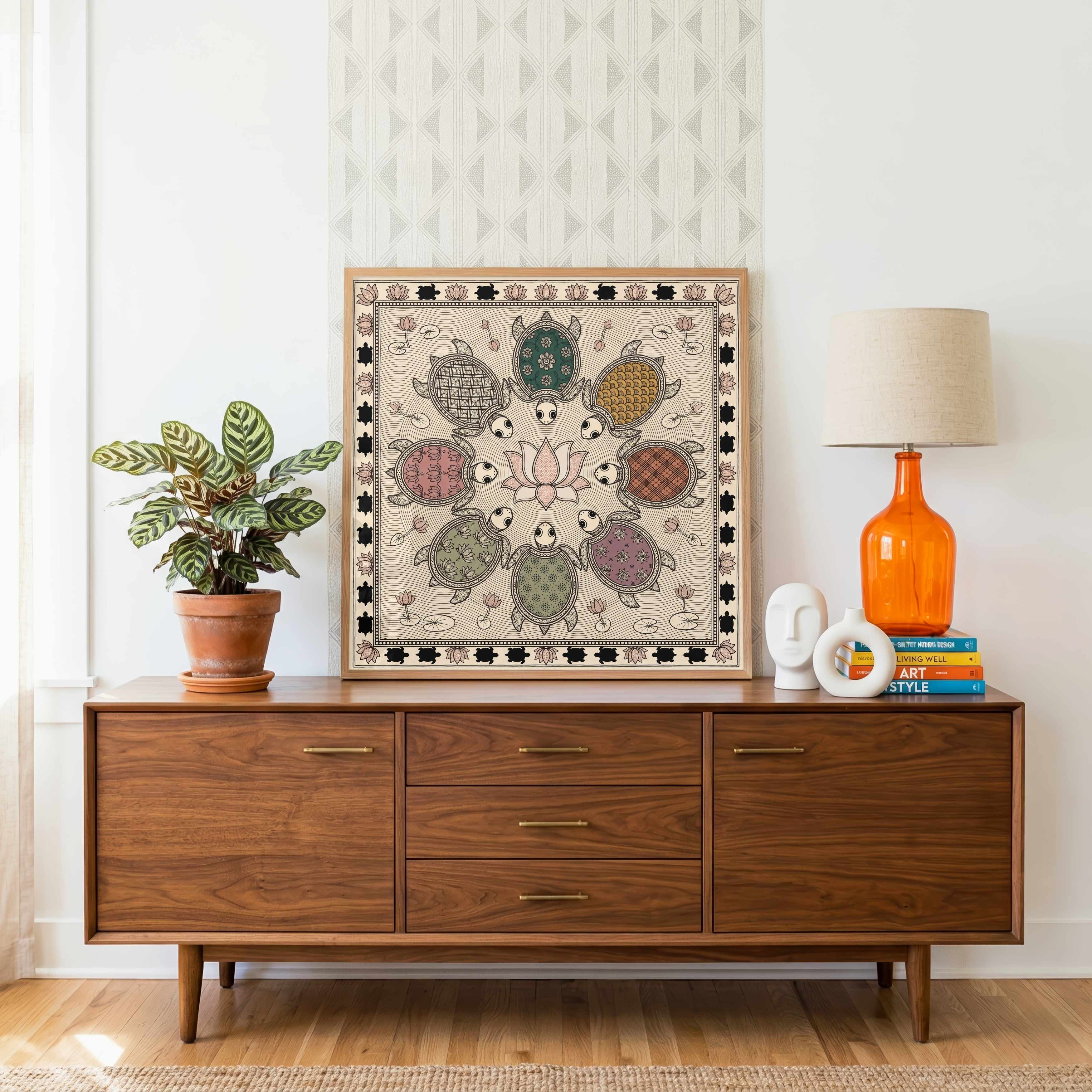"Madhubani Turtles" Traditional Indian Folk Art Giclée Print | Fine Art Wall Art 1 : 1 Square Premium Wall Art Canvas by MeriDeewar