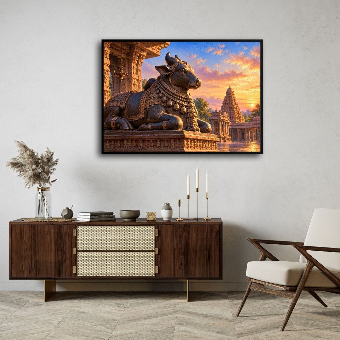 Maha Nandi | Sacred Temple Bull Dravidian Architecture Gallery Wrap Canvas Curate Black Premium Wall Art Canvas by MeriDeewar