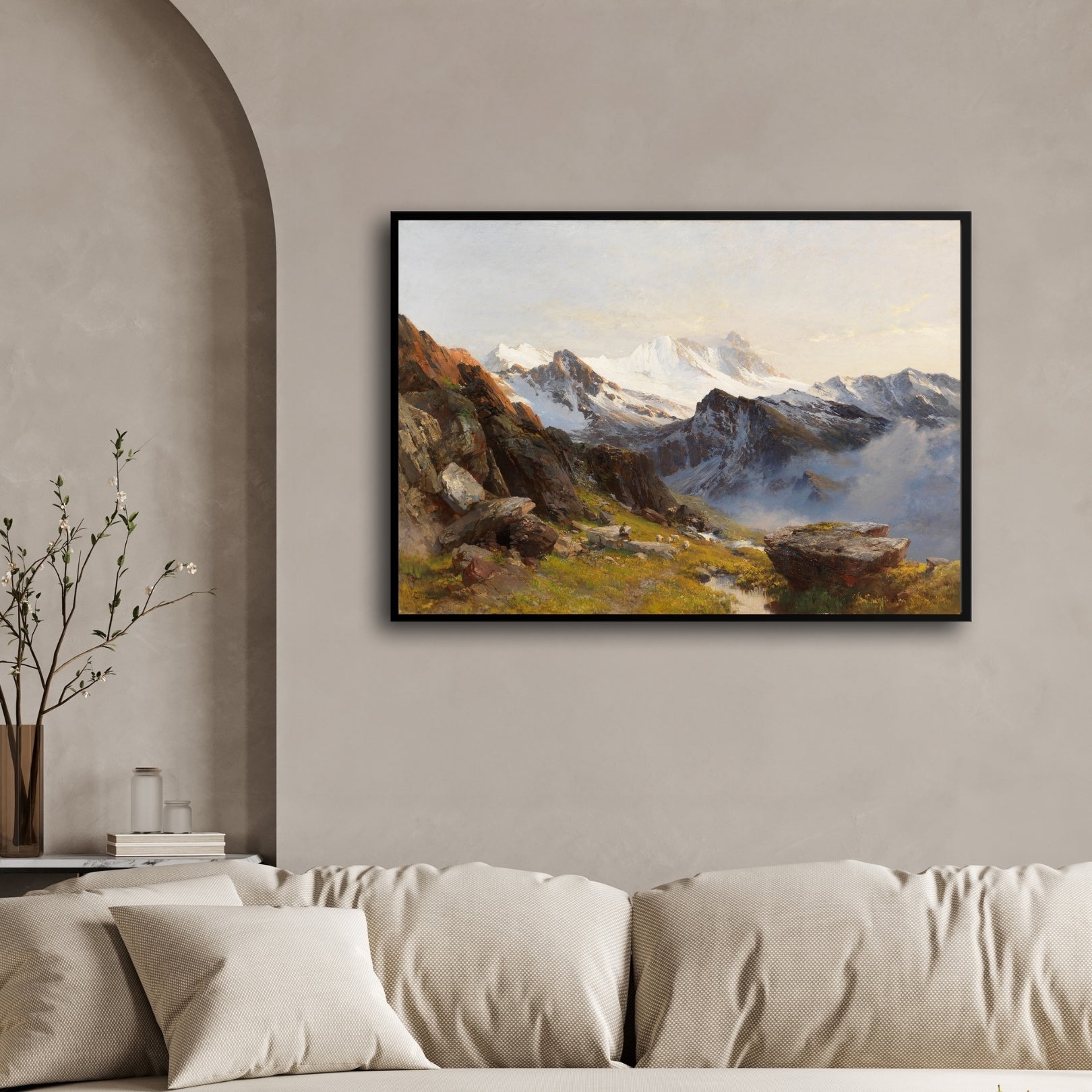 Majestic Alpine Morning – Realistic Mountain Landscape Wall Art 2 : 3 Horizontal Premium Wall Art Canvas by MeriDeewar