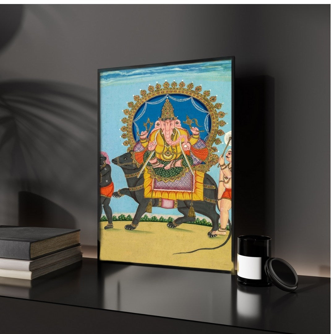 Majestic Ganesha Riding Nandi – Traditional Indian Art Print 3 : 4 Vertical New Premium Wall Art Canvas by MeriDeewar