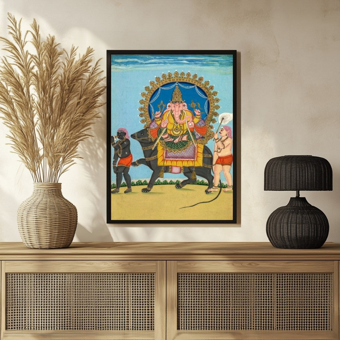 Majestic Ganesha Riding Nandi – Traditional Indian Art Print 3 : 4 Vertical New Premium Wall Art Canvas by MeriDeewar