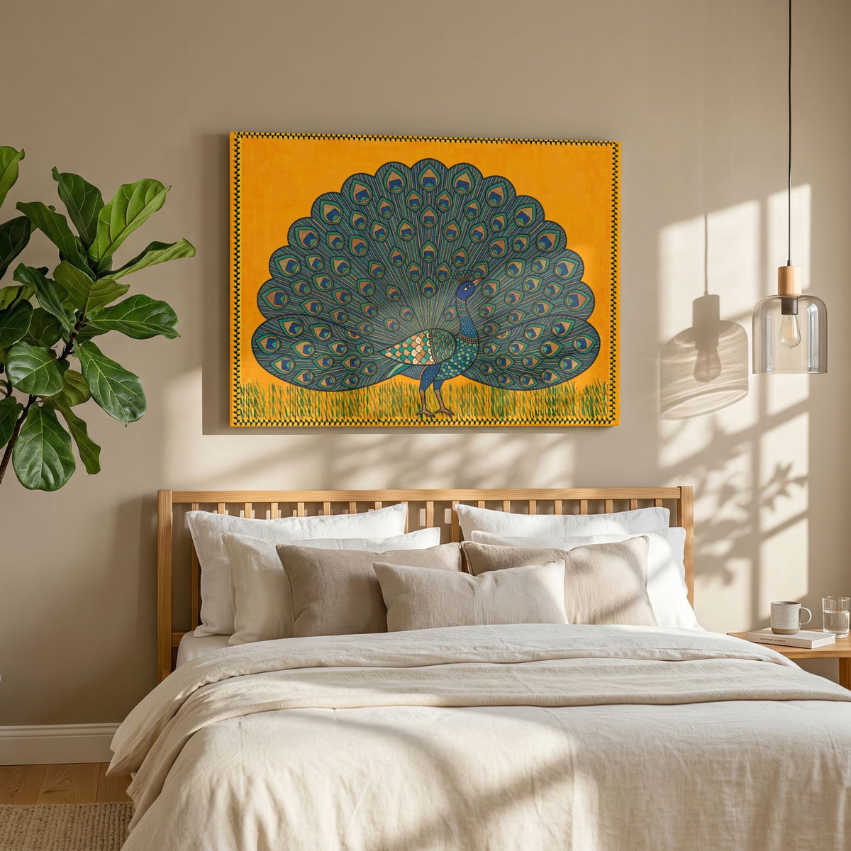 "Majestic Peacock" Gond Art Indian Wall Art Print 4 : 3 Horizontal Premium Wall Art Canvas by MeriDeewar