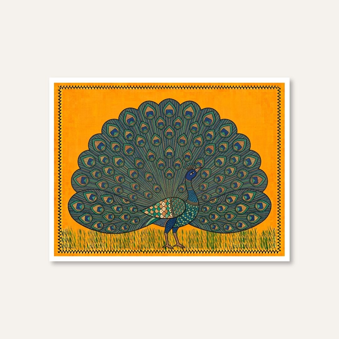 "Majestic Peacock" Gond Art Indian Wall Art Print 4 : 3 Horizontal Premium Wall Art Canvas by MeriDeewar