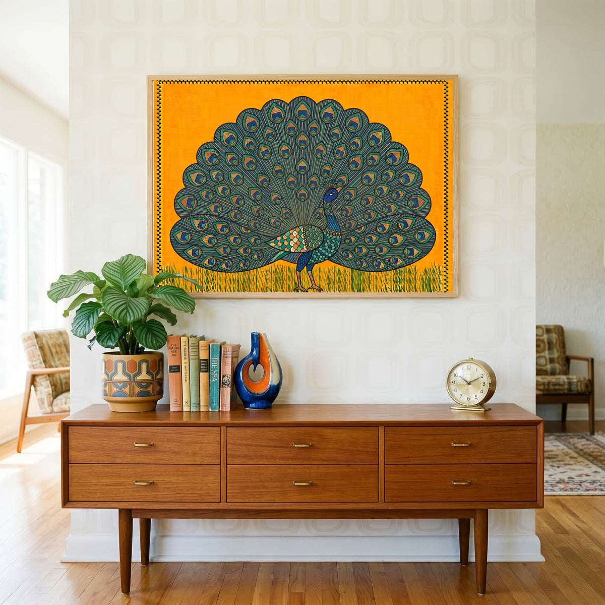 "Majestic Peacock" Gond Art Indian Wall Art Print 4 : 3 Horizontal Premium Wall Art Canvas by MeriDeewar