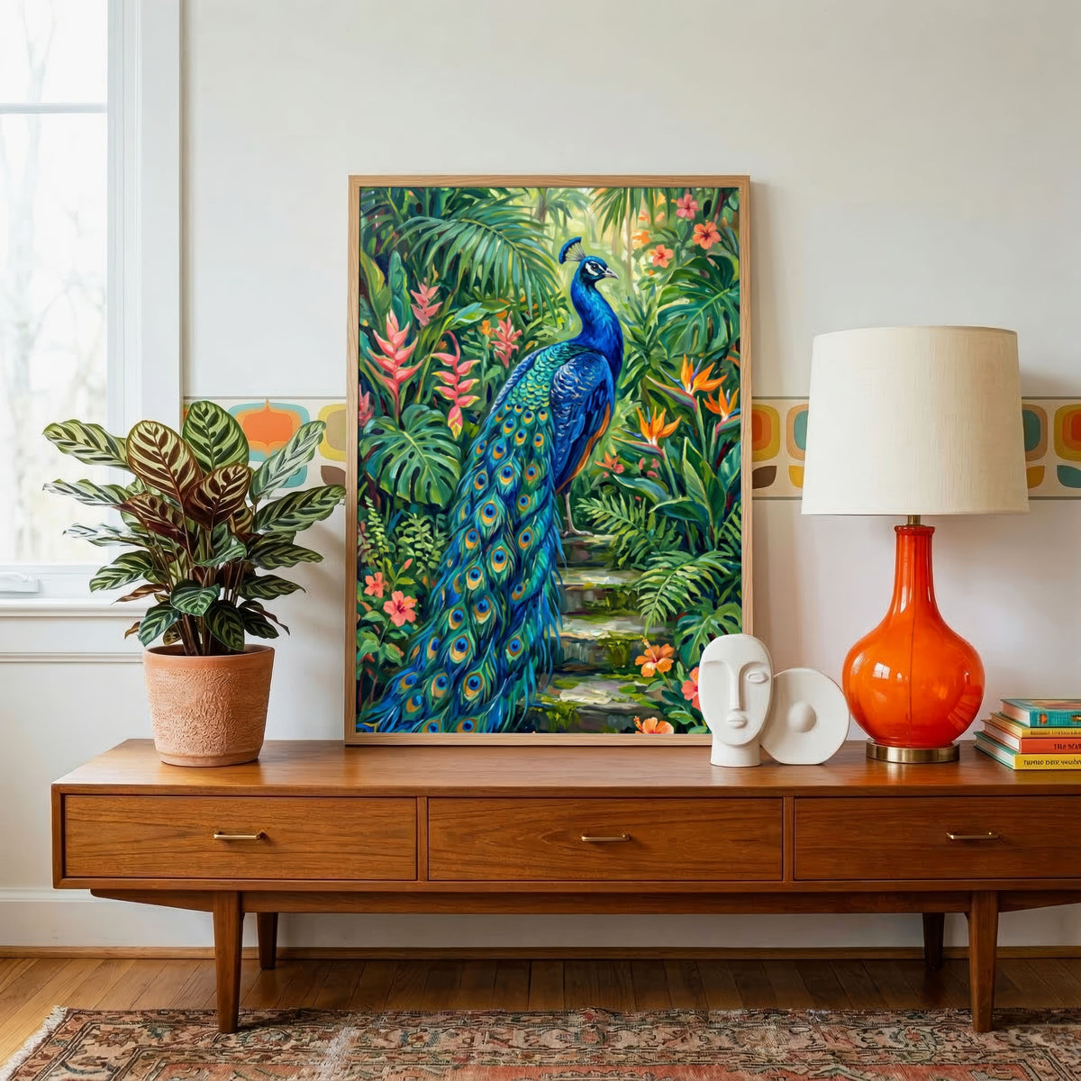 "Majestic Peacock in Tropical Garden" Giclée Print | Indian Wall Art Print 2 : 3 Vertical Premium Wall Art Canvas by MeriDeewar