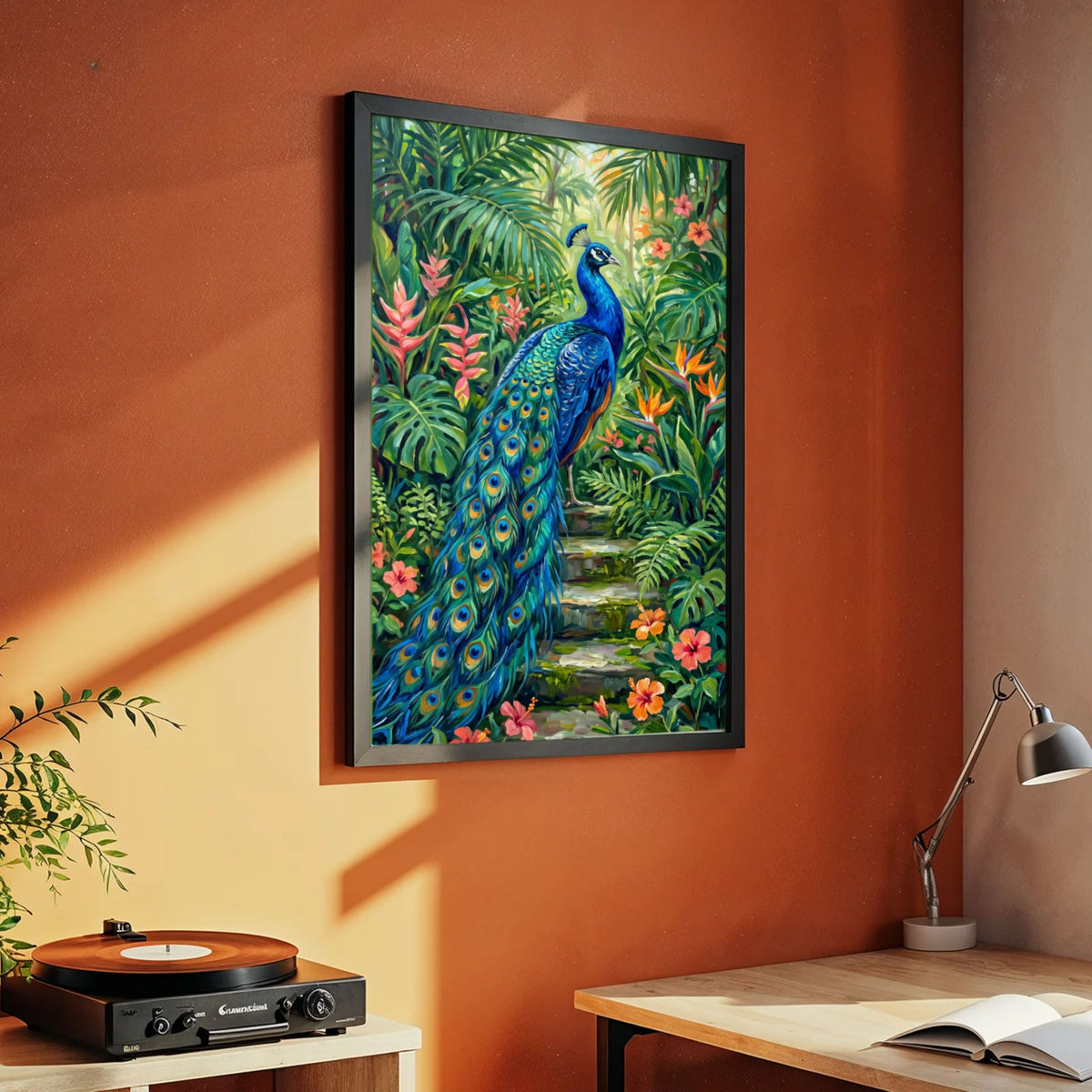 "Majestic Peacock in Tropical Garden" Giclée Print | Indian Wall Art Print 2 : 3 Vertical Premium Wall Art Canvas by MeriDeewar