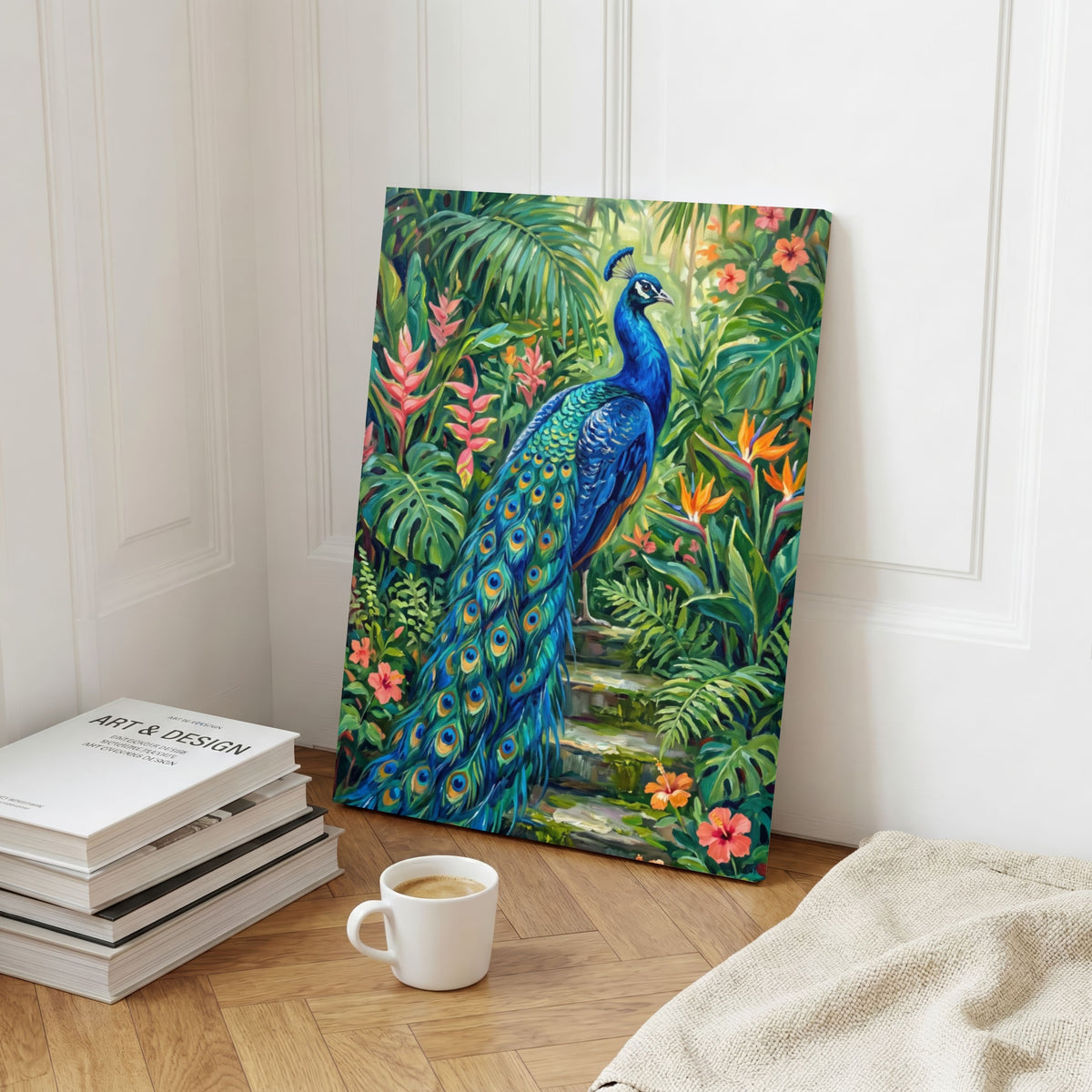 "Majestic Peacock in Tropical Garden" Giclée Print | Indian Wall Art Print 2 : 3 Vertical Premium Wall Art Canvas by MeriDeewar