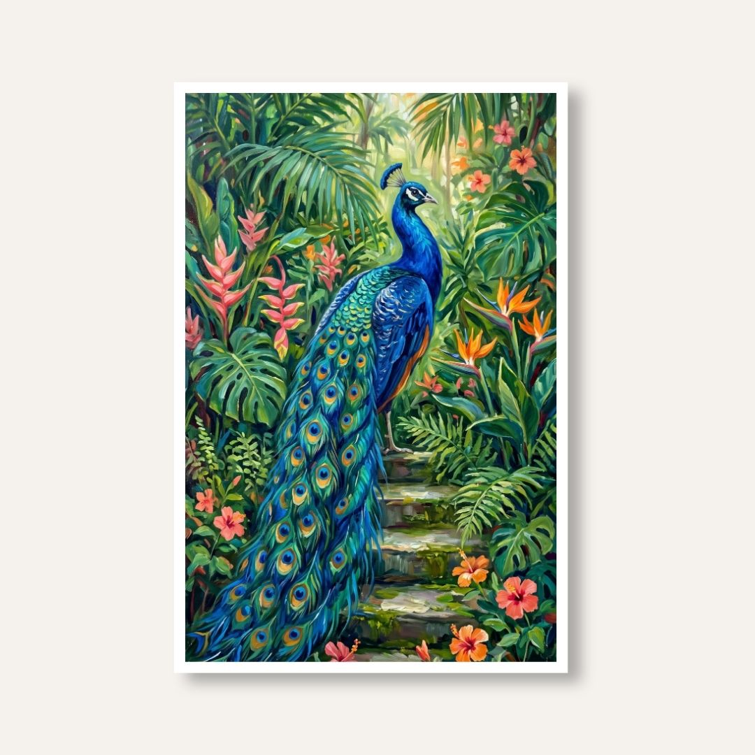 "Majestic Peacock in Tropical Garden" Giclée Print | Indian Wall Art Print 2 : 3 Vertical Premium Wall Art Canvas by MeriDeewar