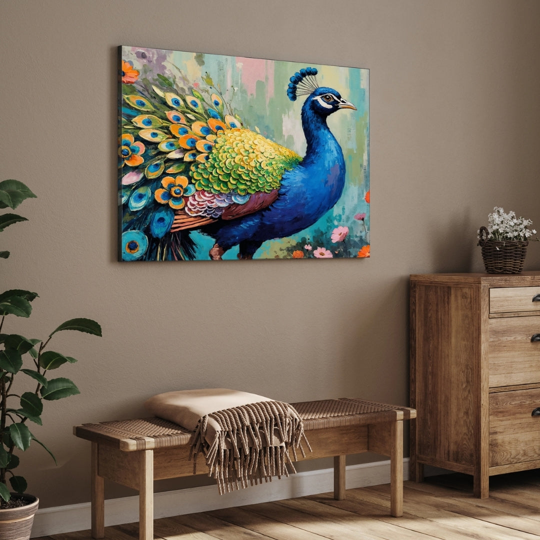 Majestic Peacock – Vibrant Wall Art Canvas Painting 2 : 3 Horizontal Premium Wall Art Canvas by MeriDeewar