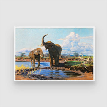 Majestic Waters – Elephants at the Riverbank 2 : 3 Horizontal Premium Wall Art Canvas by MeriDeewar
